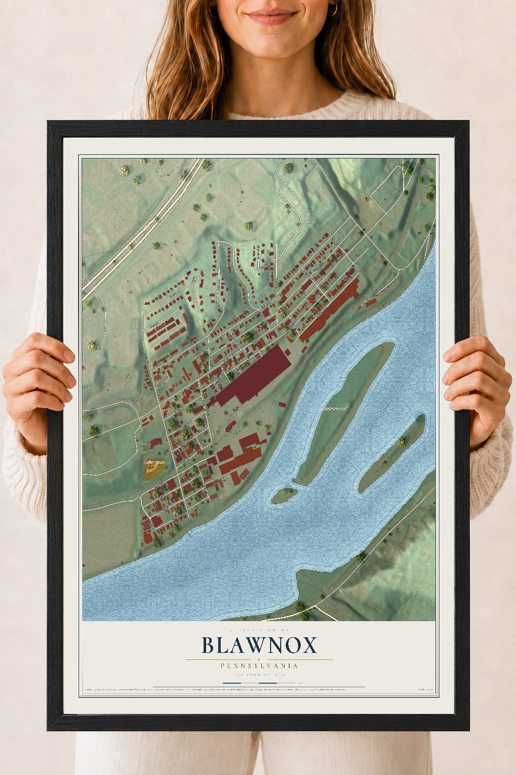 Map of Blawnox, Pennsylvania, 18 x 24 inch print in a black wood frame