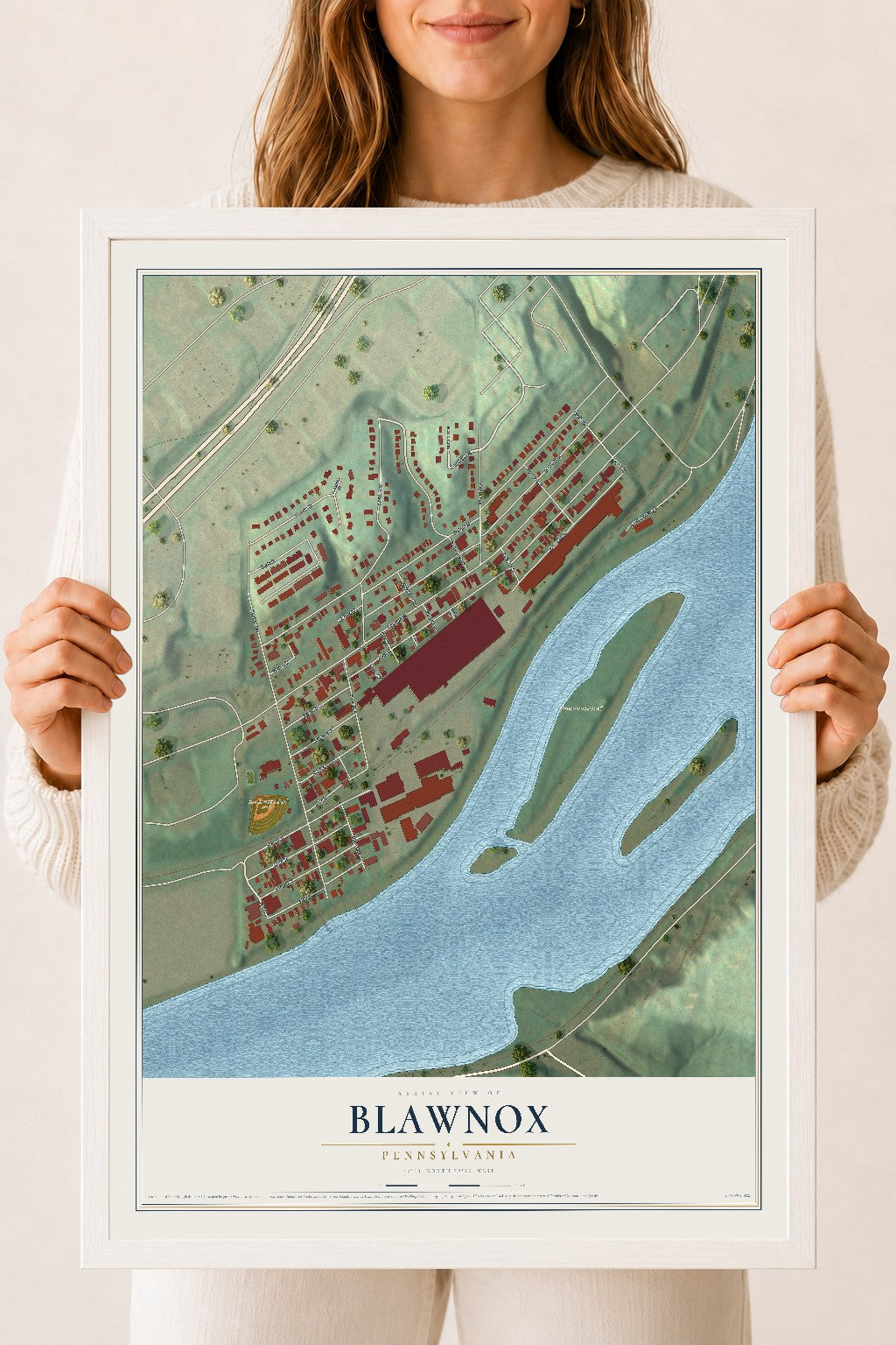 Map of Blawnox, Pennsylvania, 18 x 24 inch print in a white wood frame