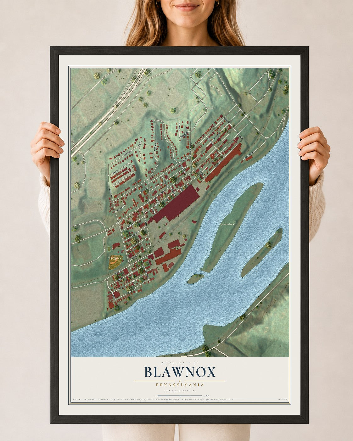 Map of Blawnox, Pennsylvania, 24 x 36 inch print in a black wood frame