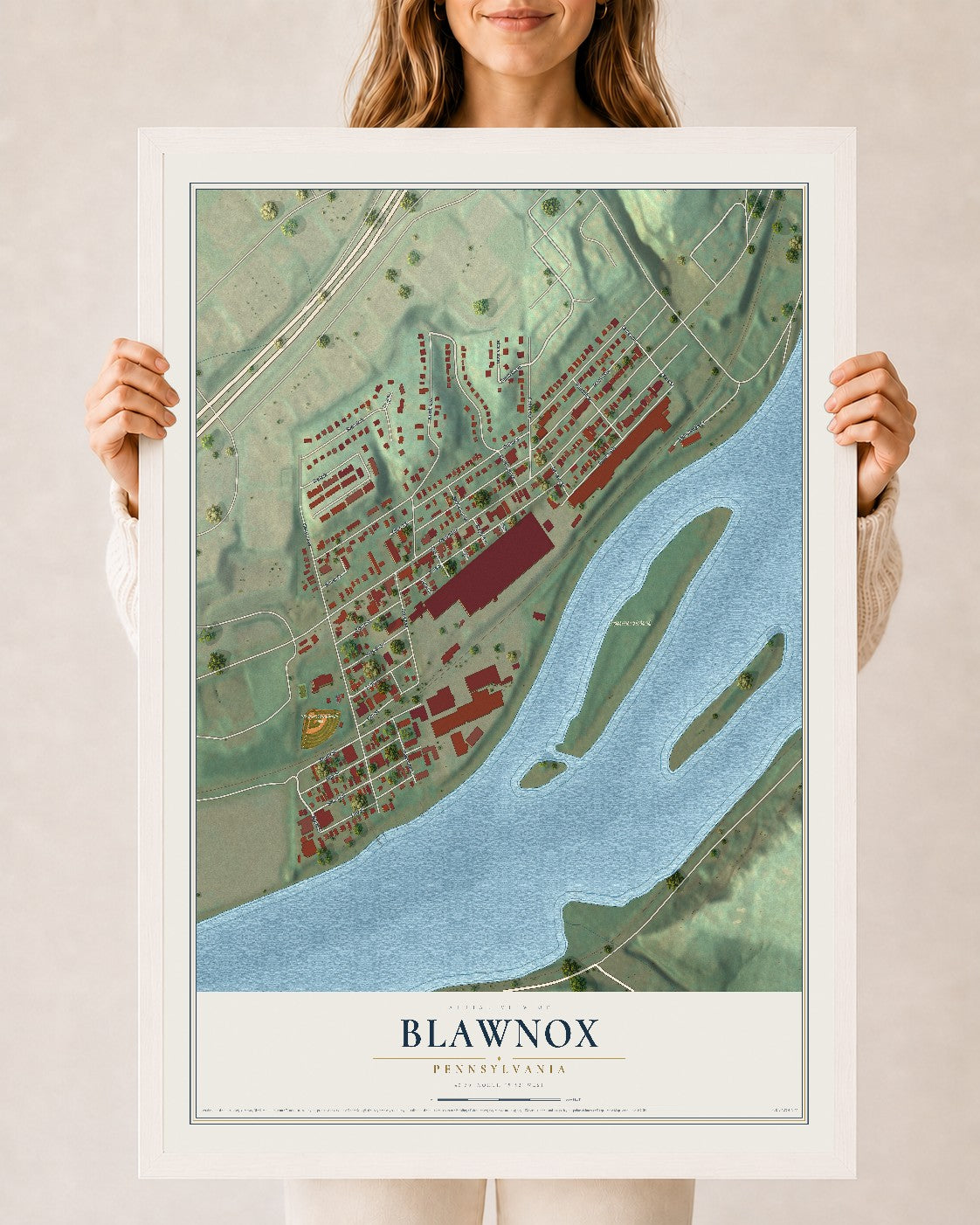 Map of Blawnox, Pennsylvania, 24 x 36 inch print in a white wood frame