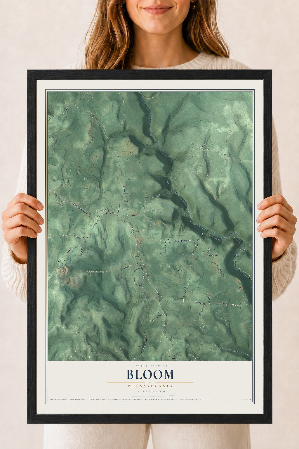 Map of Bloom, Pennsylvania, 18 x 24 inch print in a black wood frame