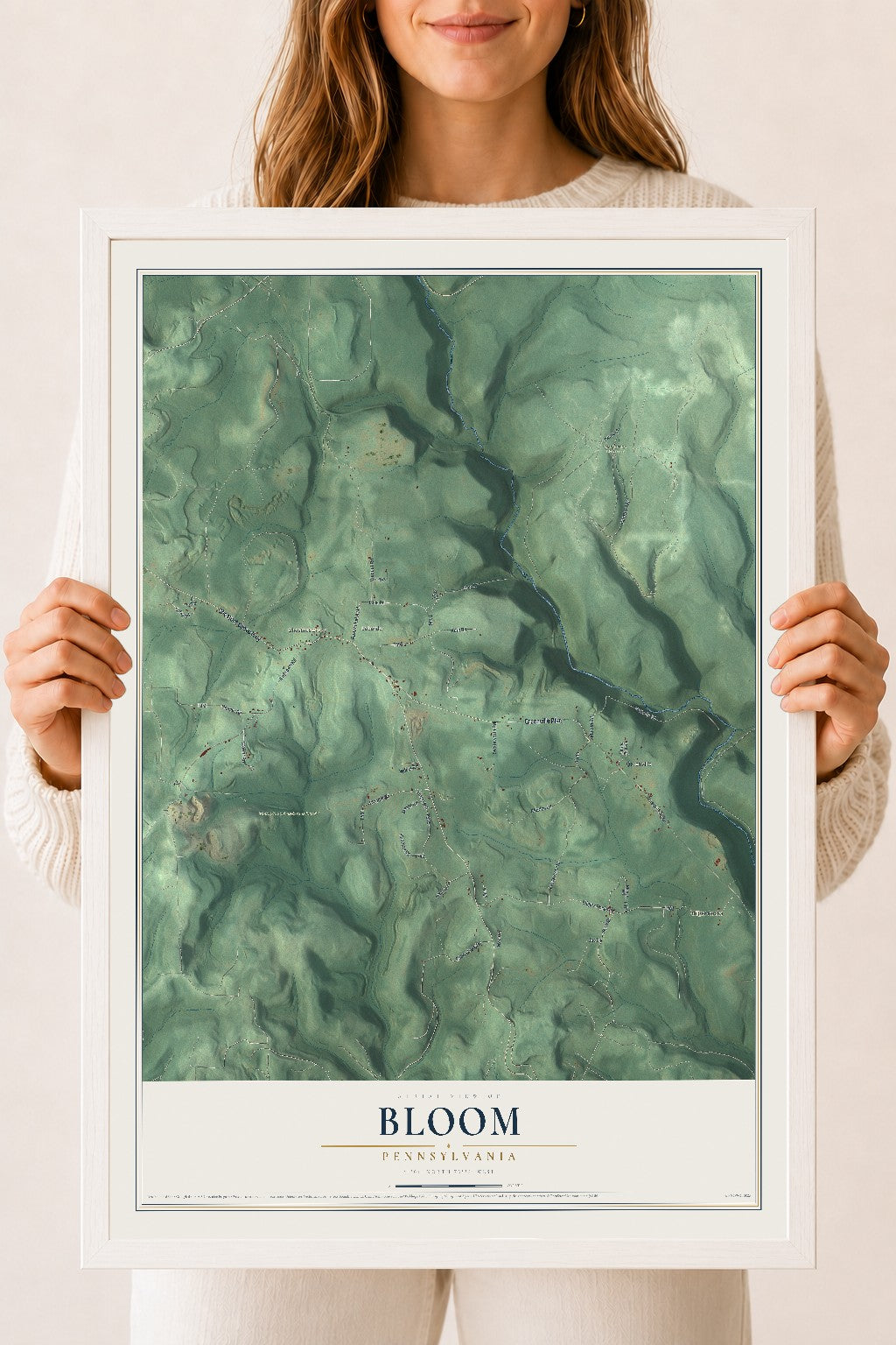 Map of Bloom, Pennsylvania, 18 x 24 inch print in a white wood frame