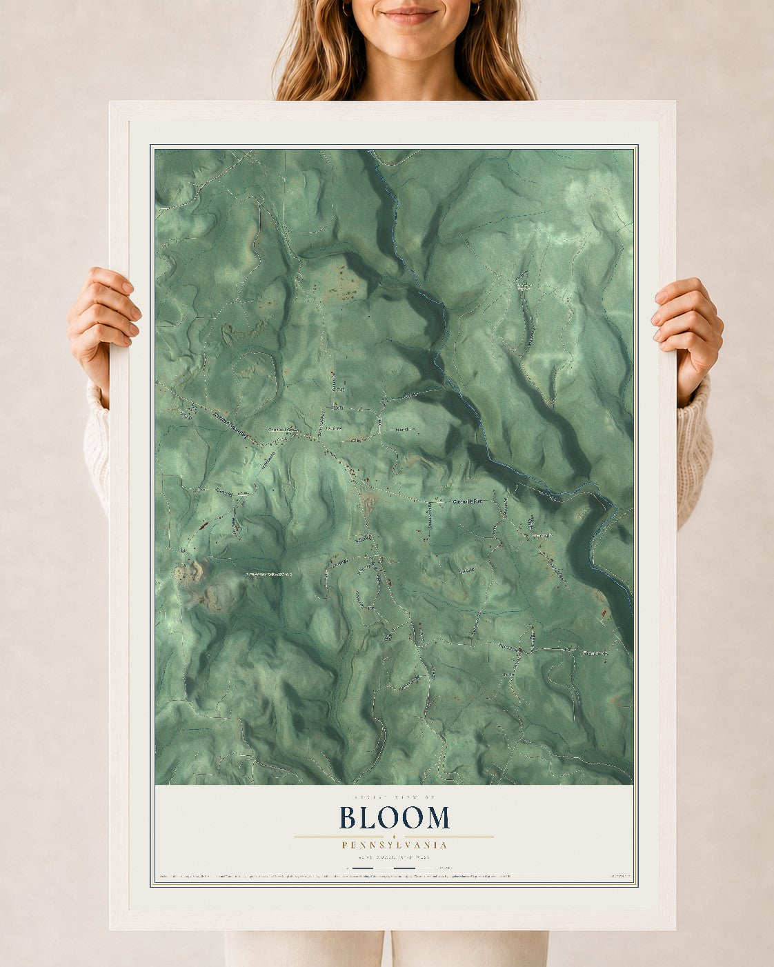 Map of Bloom, Pennsylvania, 24 x 36 inch print in a white wood frame