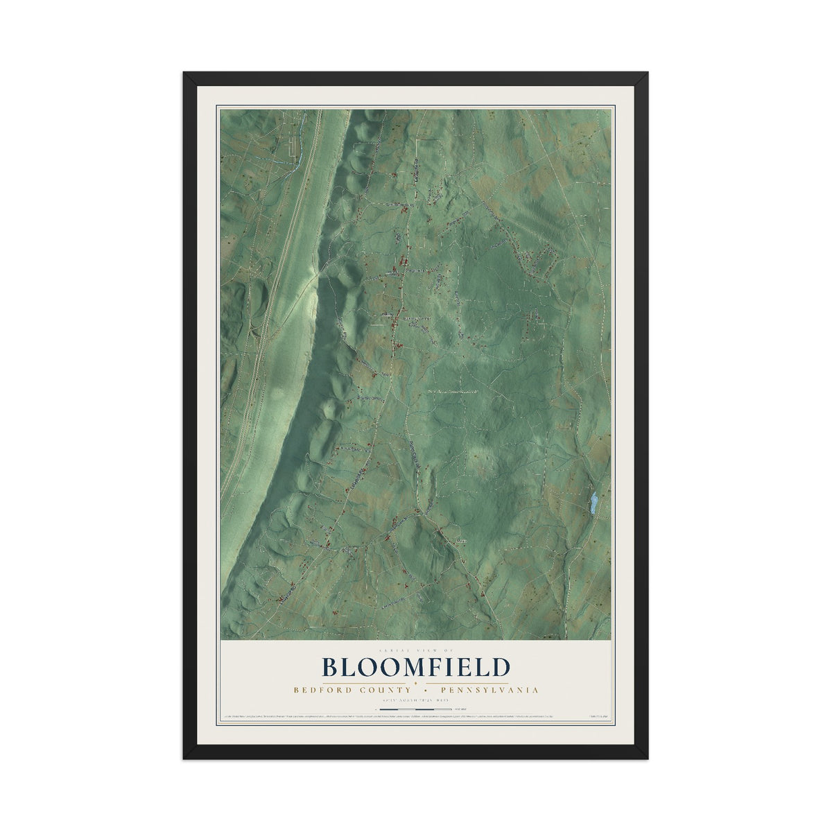Map of Bloomfield, Bedford County, Pennsylvania, 12 x 18 inch print in a black wood frame