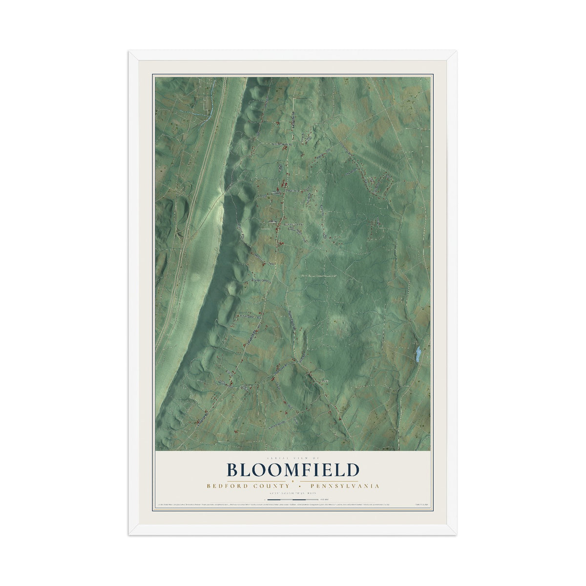 Map of Bloomfield, Bedford County, Pennsylvania, 12 x 18 inch print in a white wood frame
