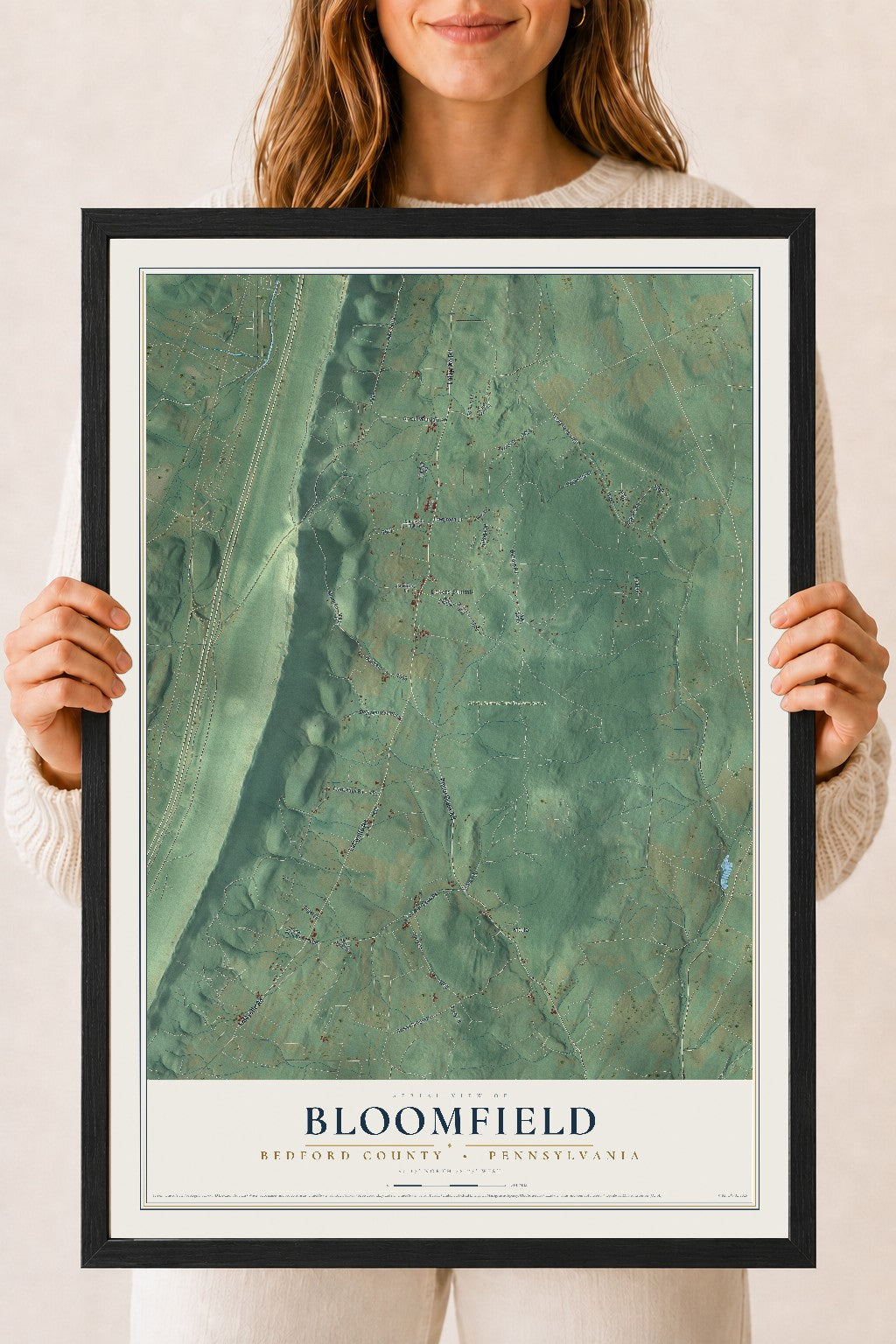 Map of Bloomfield, Bedford County, Pennsylvania, 18 x 24 inch print in a black wood frame