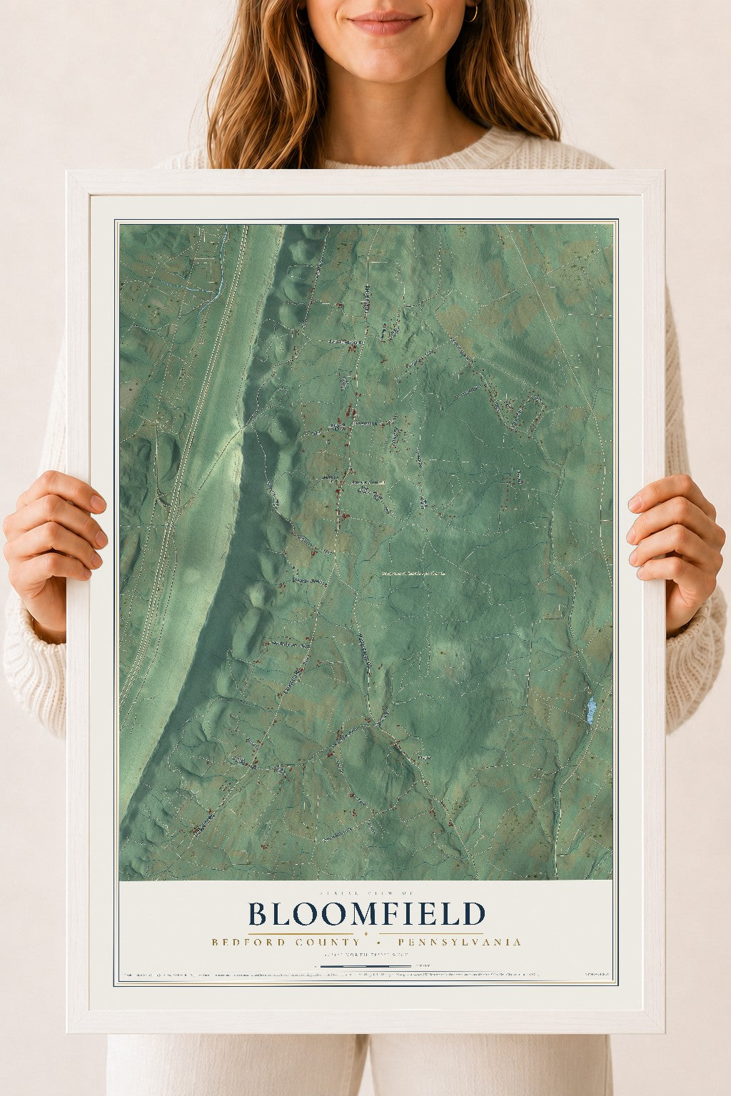 Map of Bloomfield, Bedford County, Pennsylvania, 18 x 24 inch print in a white wood frame