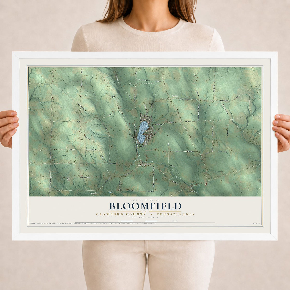 Map of Bloomfield, Crawford County, Pennsylvania, 18 x 24 inch print in a white wood frame