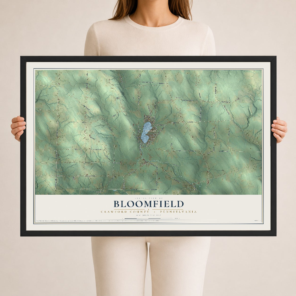 Map of Bloomfield, Crawford County, Pennsylvania, 24 x 36 inch print in a black wood frame