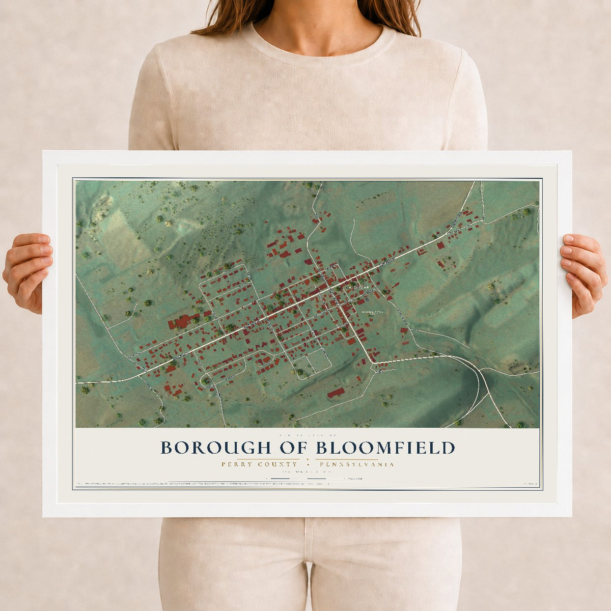 Map of the Borough of Bloomfield, Perry County, Pennsylvania, 12 x 18 inch print in a white wood frame