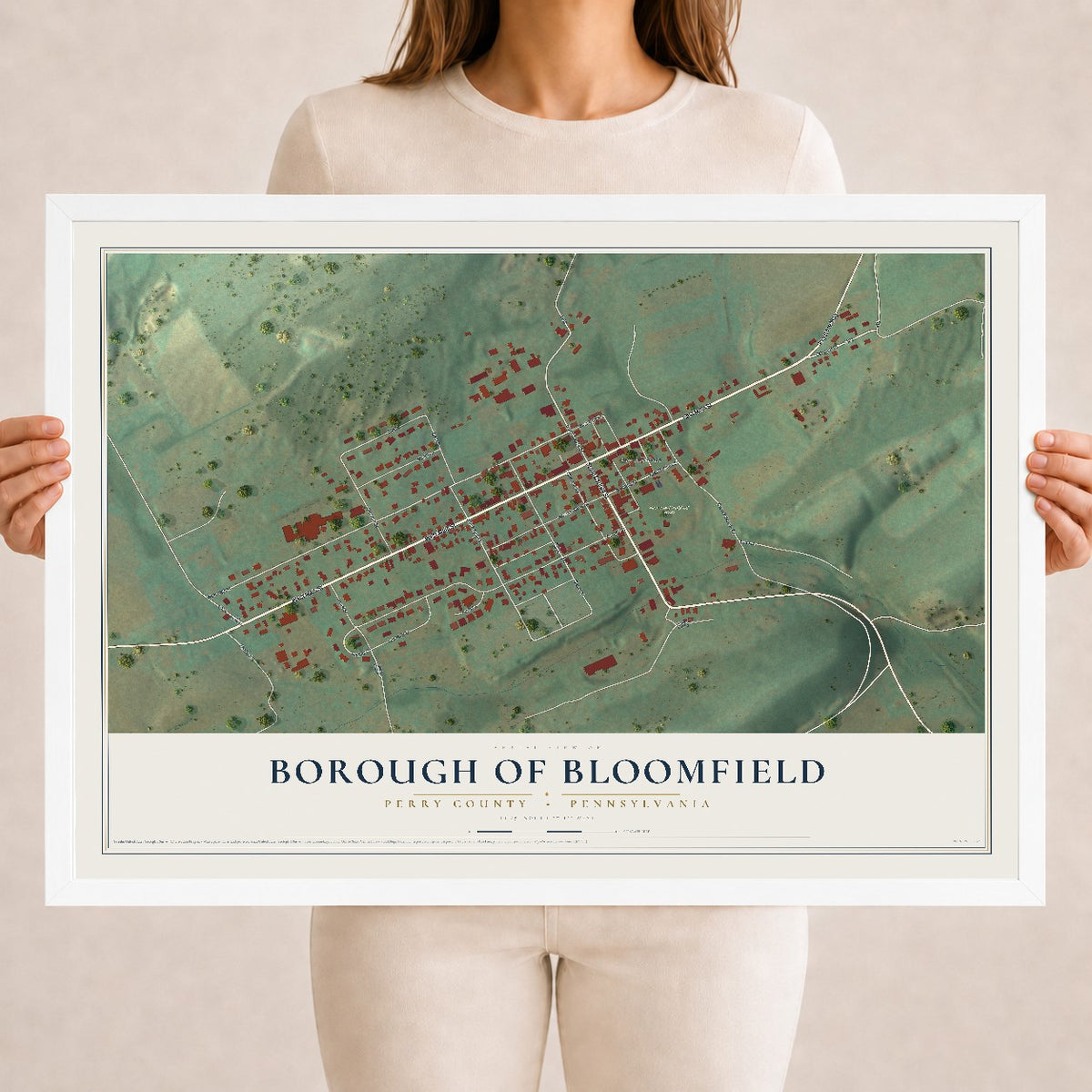 Map of the Borough of Bloomfield, Perry County, Pennsylvania, 18 x 24 inch print in a white wood frame