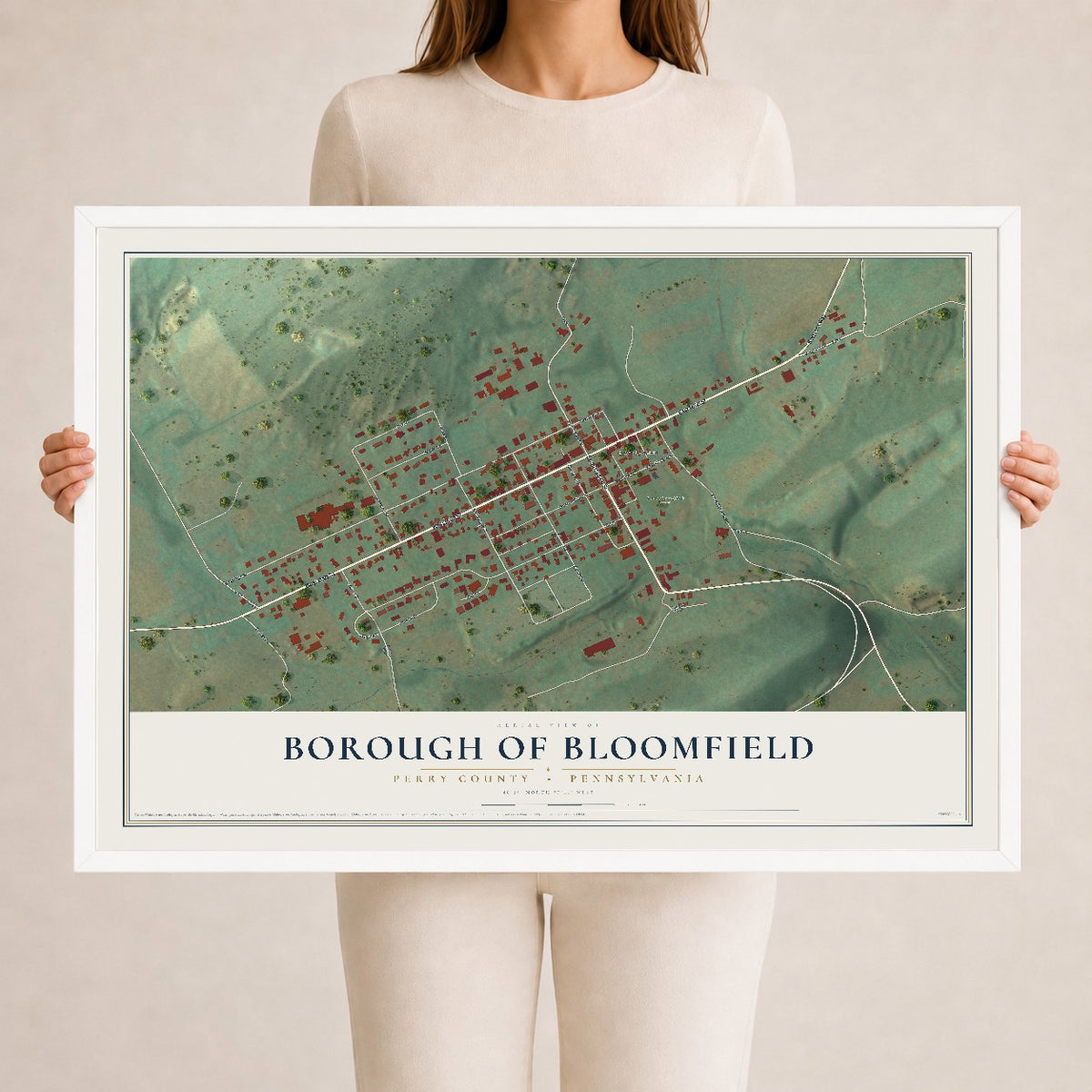 Map of the Borough of Bloomfield, Perry County, Pennsylvania, 24 x 36 inch print in a white wood frame