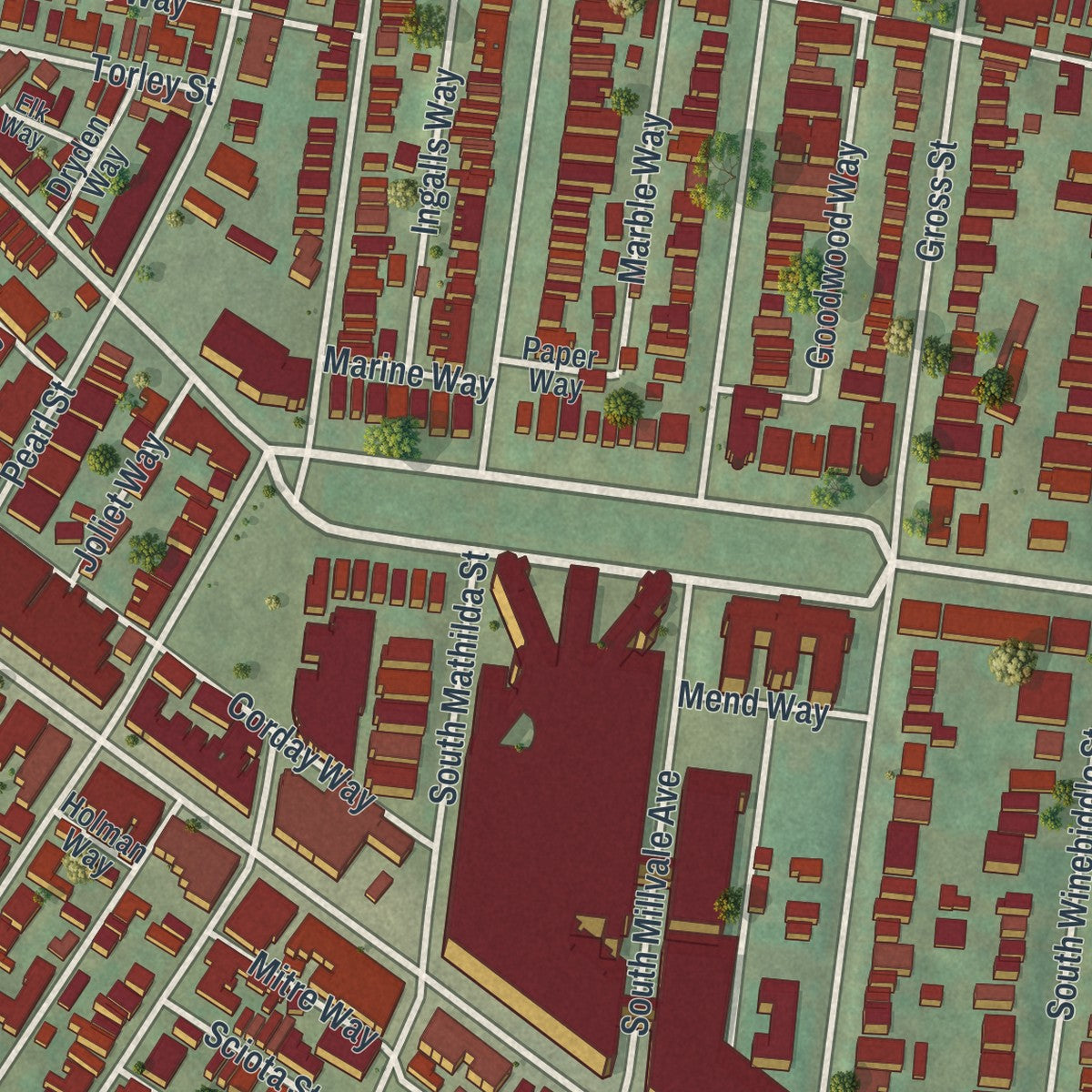 Close-up of the map of Bloomfield, Pennsylvania print showing street and building detail