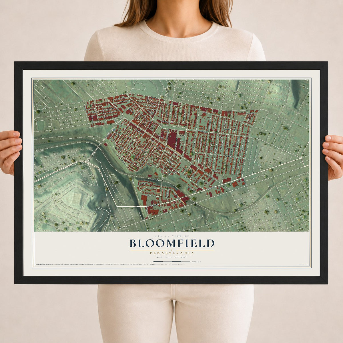 Map of Bloomfield, Pennsylvania, 18 x 24 inch print in a black wood frame