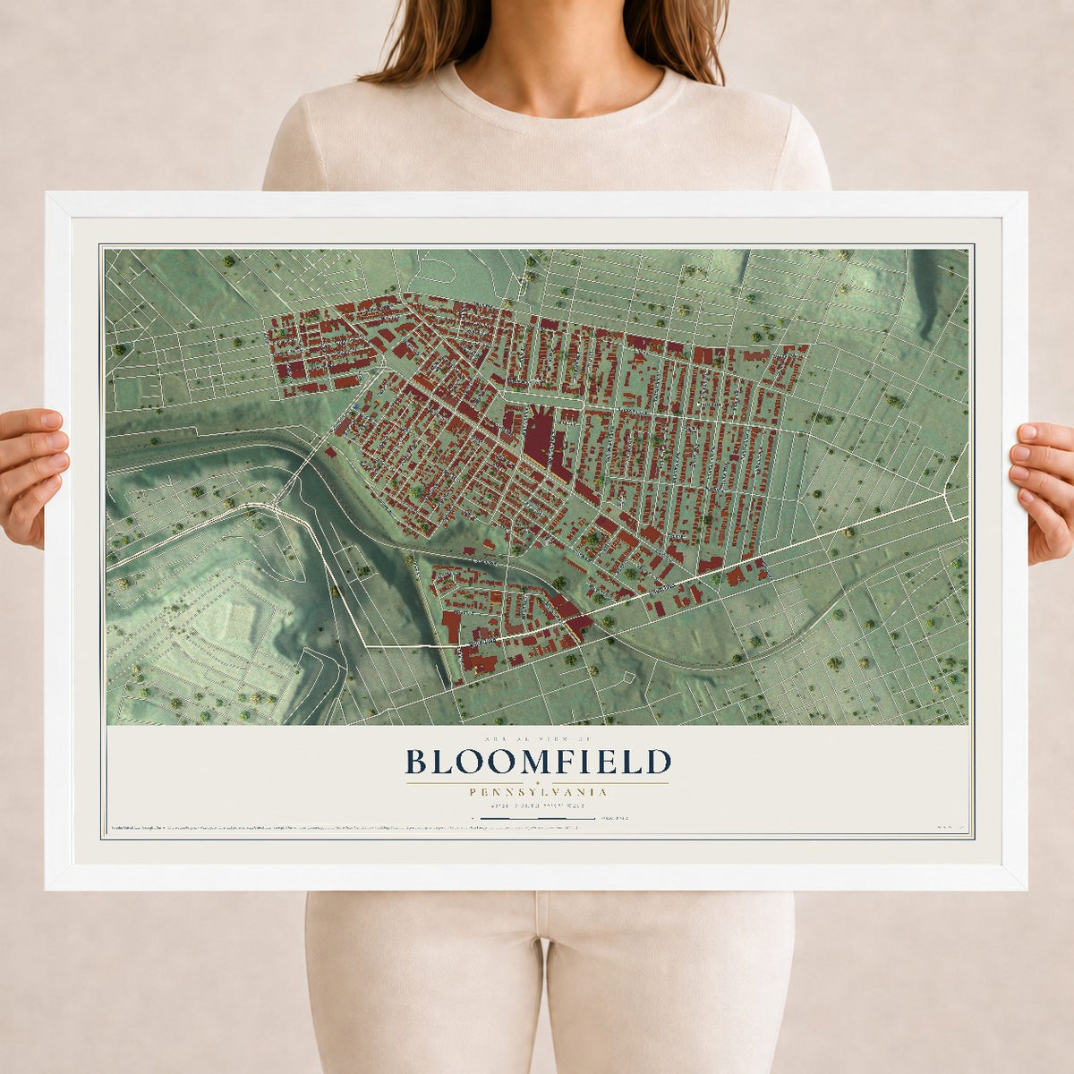 Map of Bloomfield, Pennsylvania, 18 x 24 inch print in a white wood frame