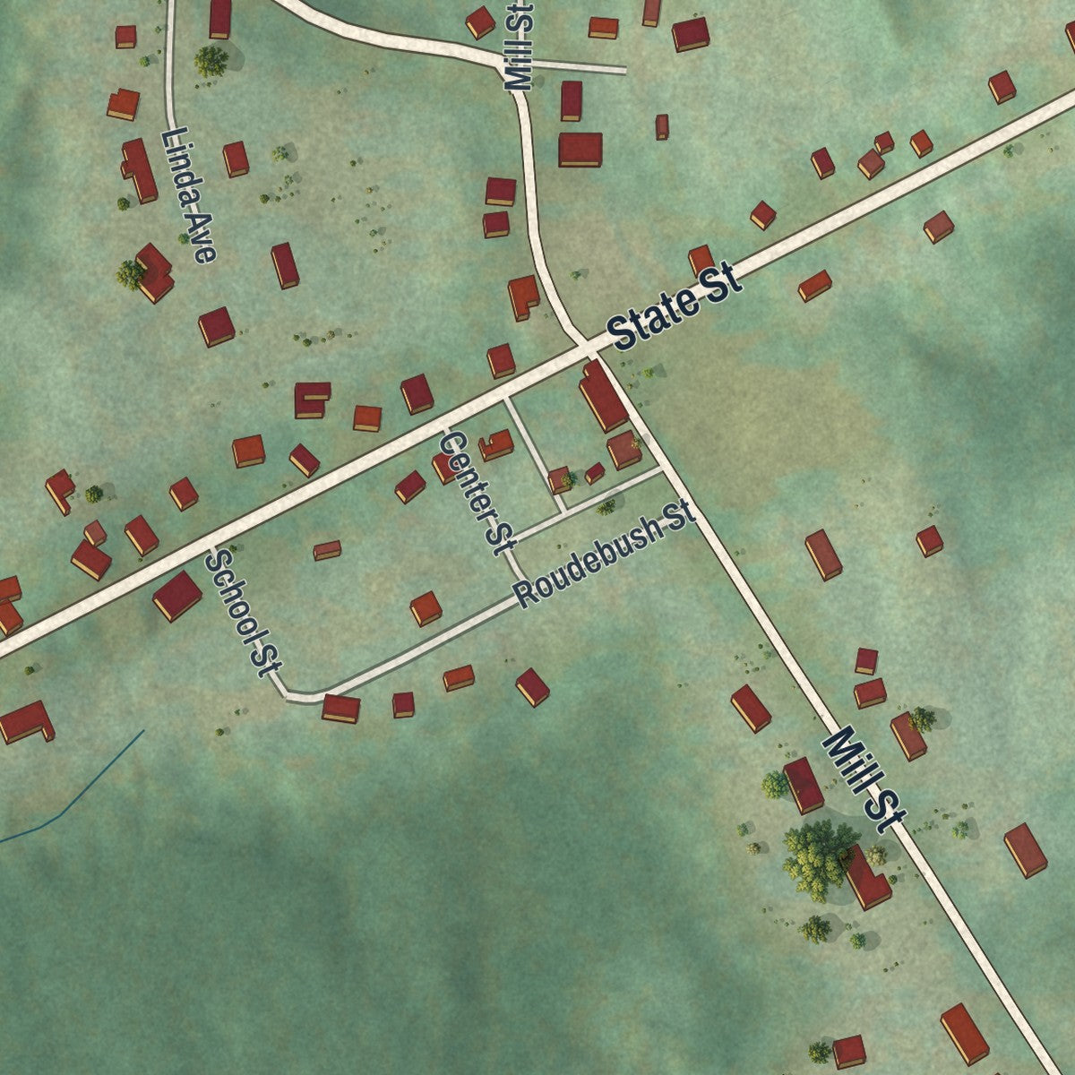 Close-up of the map of Blooming Valley, Pennsylvania print showing street and building detail