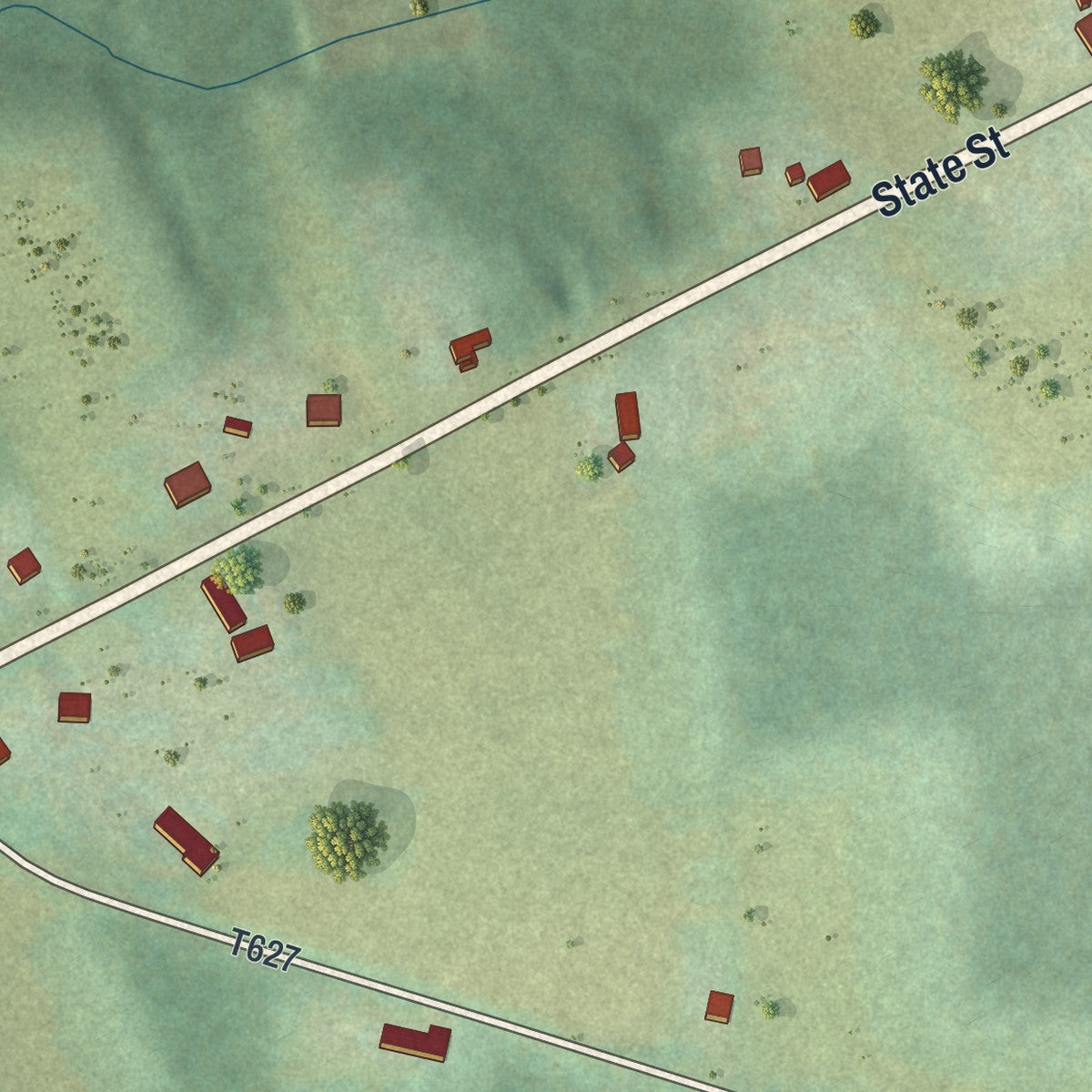 Second close-up of the map of Blooming Valley, Pennsylvania print showing more streets and buildings