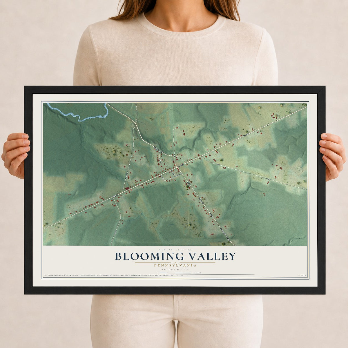 Map of Blooming Valley, Pennsylvania, 12 x 18 inch print in a black wood frame