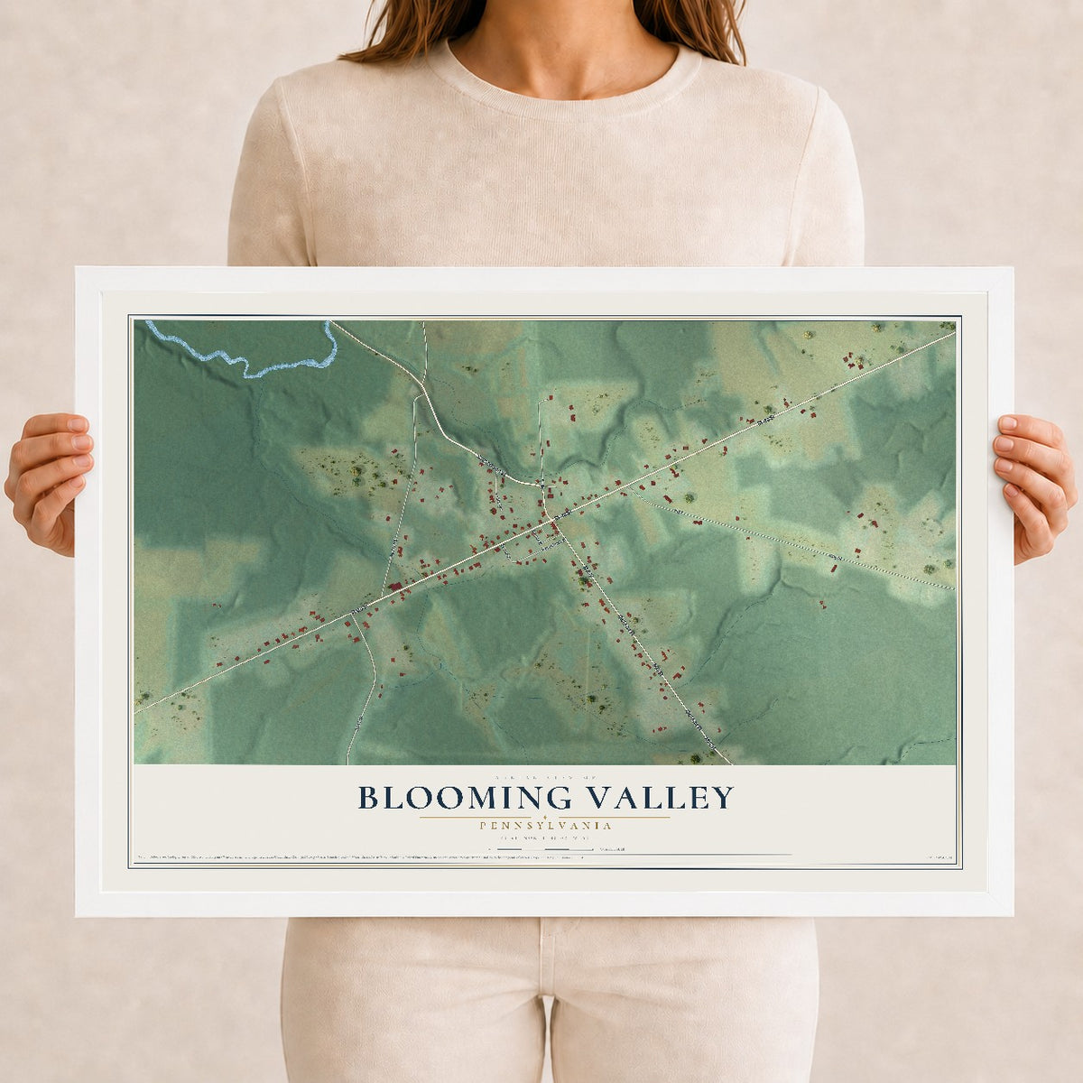 Map of Blooming Valley, Pennsylvania, 12 x 18 inch print in a white wood frame