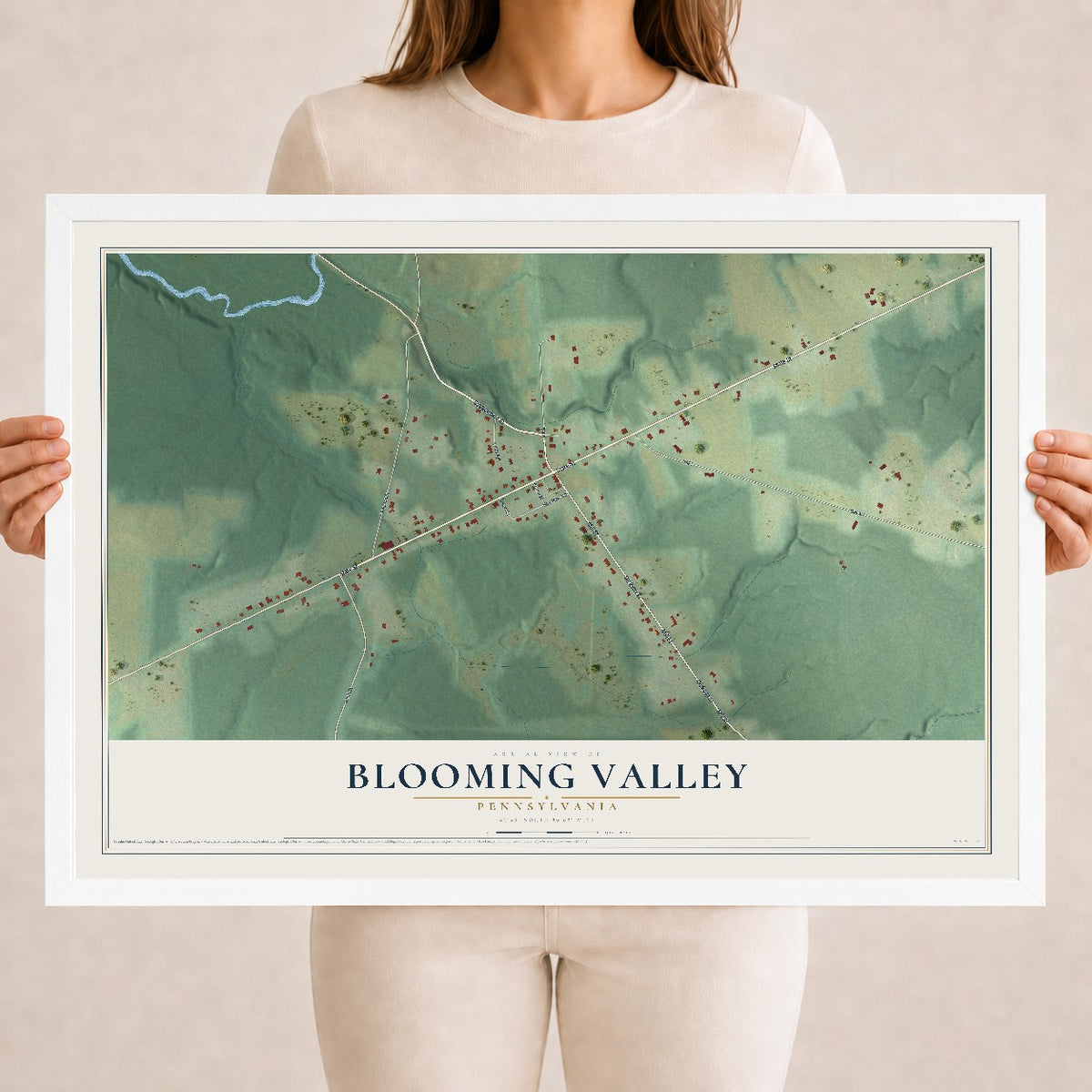 Map of Blooming Valley, Pennsylvania, 18 x 24 inch print in a white wood frame