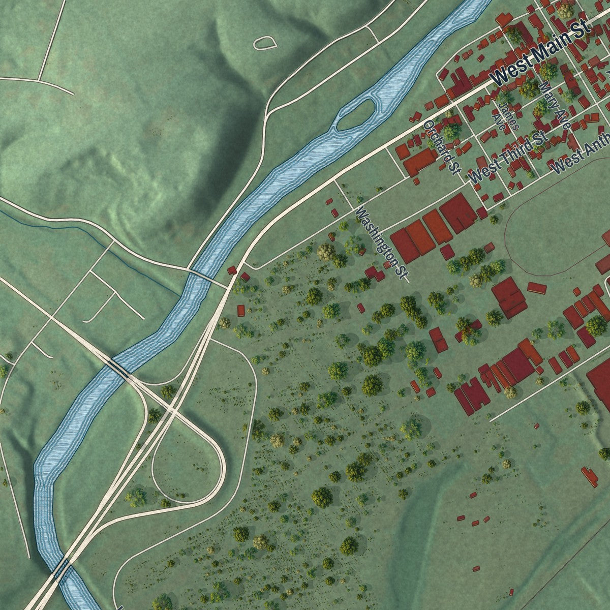 Second close-up of the map of Bloomsburg, Pennsylvania print showing more streets and buildings