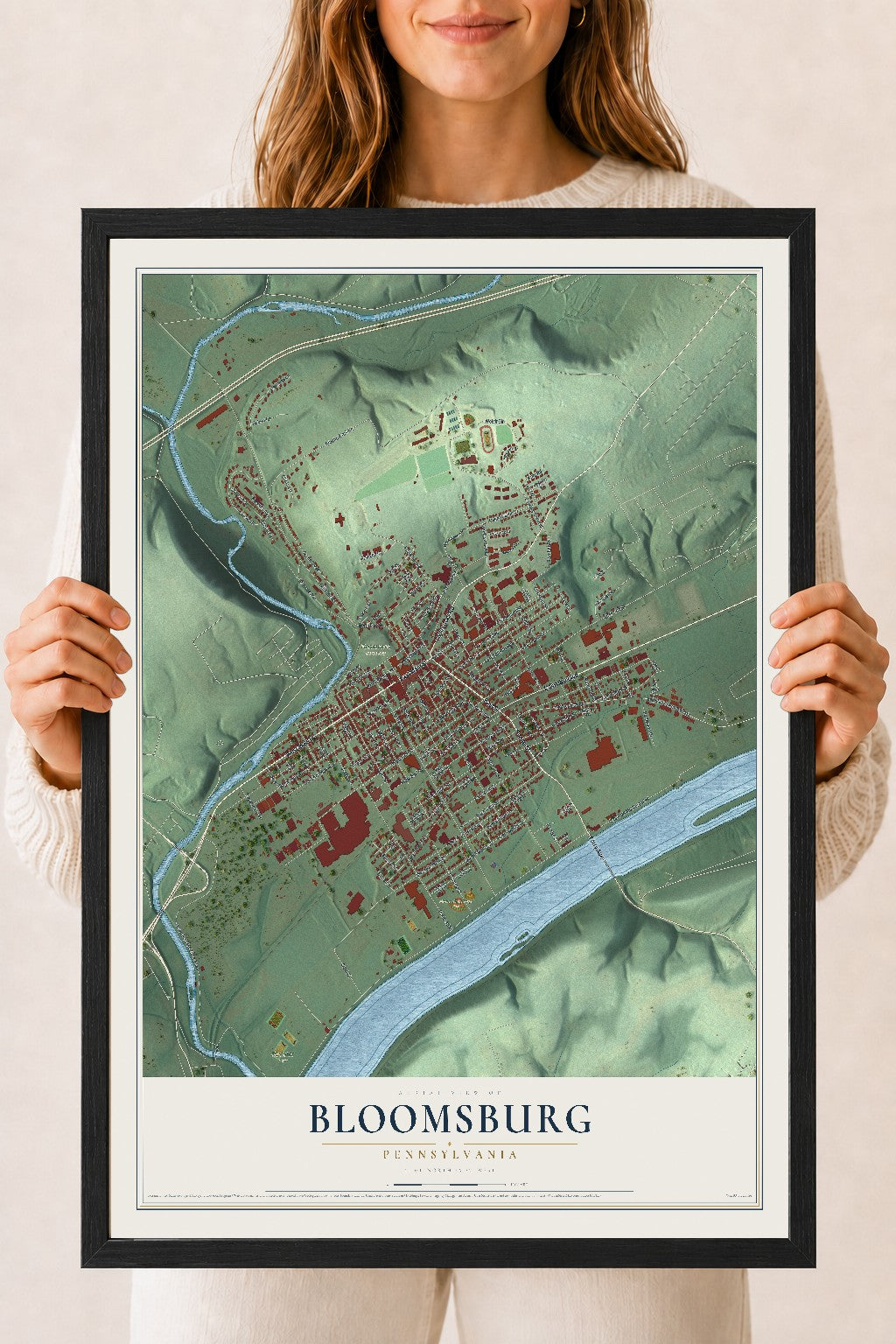 Map of Bloomsburg, Pennsylvania, 18 x 24 inch print in a black wood frame