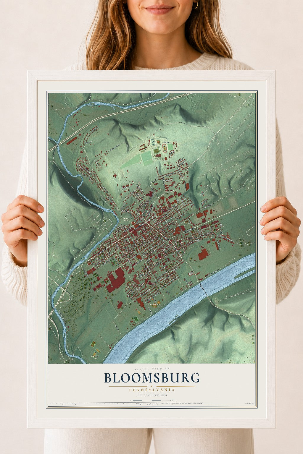 Map of Bloomsburg, Pennsylvania, 18 x 24 inch print in a white wood frame