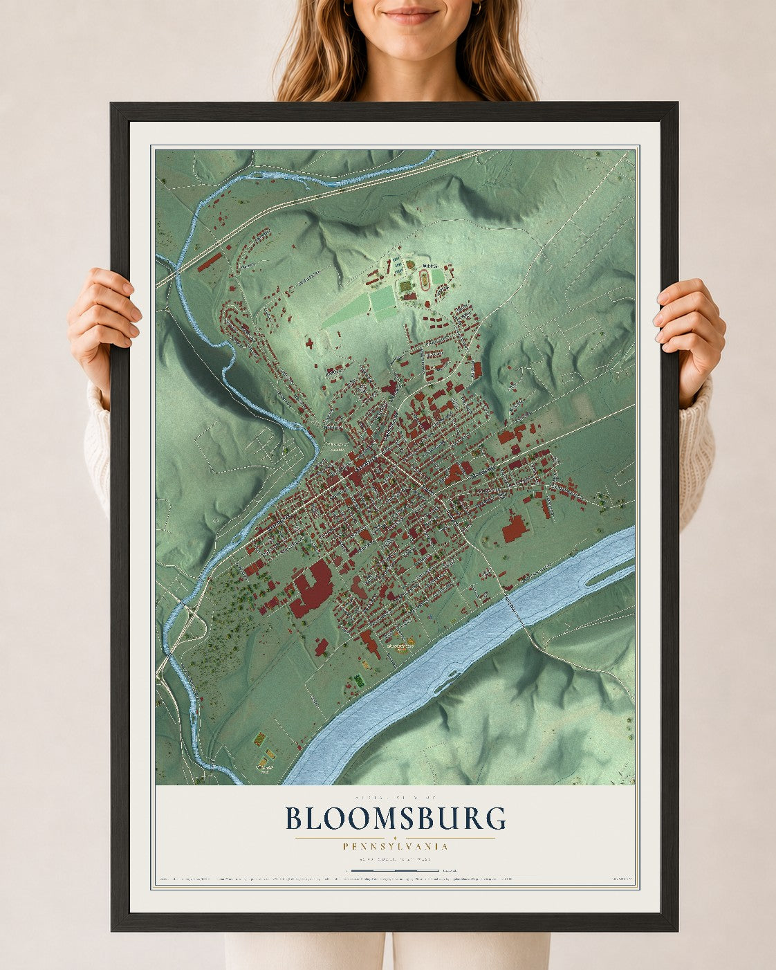 Map of Bloomsburg, Pennsylvania, 24 x 36 inch print in a black wood frame