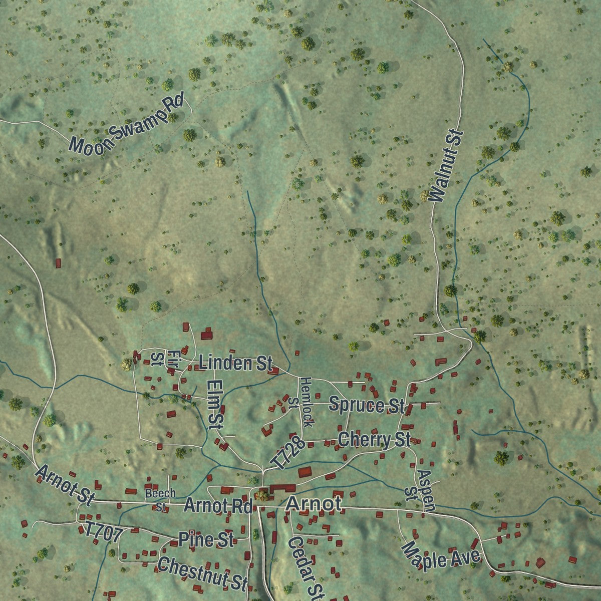 Close-up of the map of Bloss, Pennsylvania print showing street and building detail