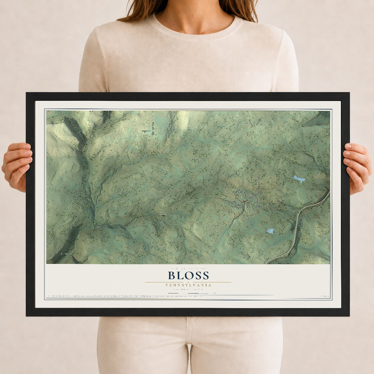 Map of Bloss, Pennsylvania, 12 x 18 inch print in a black wood frame