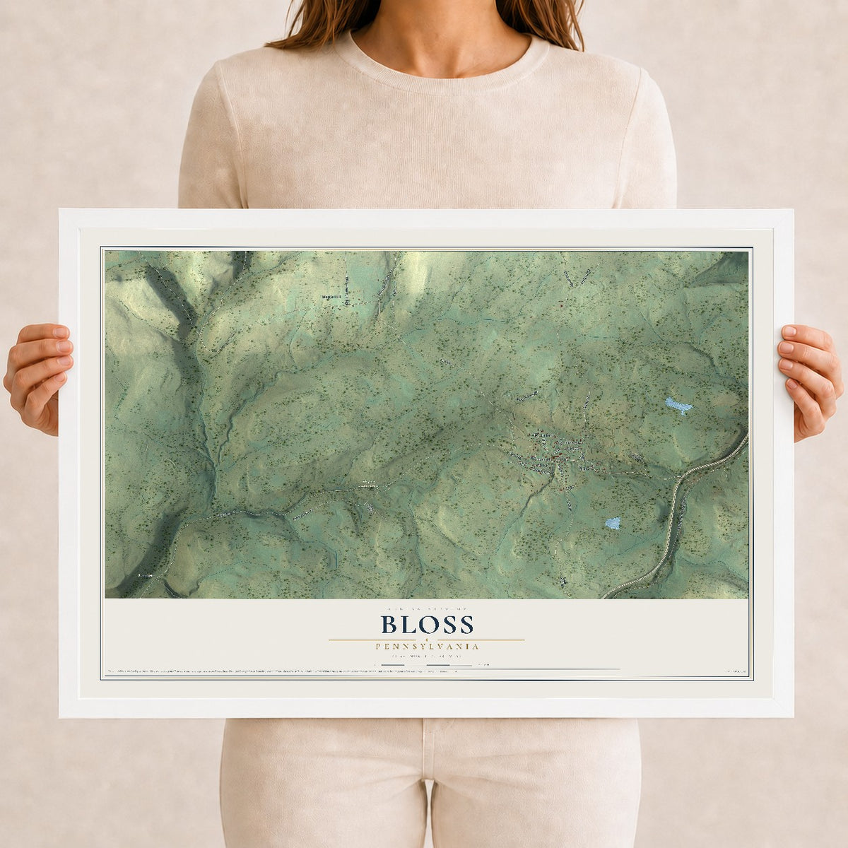 Map of Bloss, Pennsylvania, 12 x 18 inch print in a white wood frame