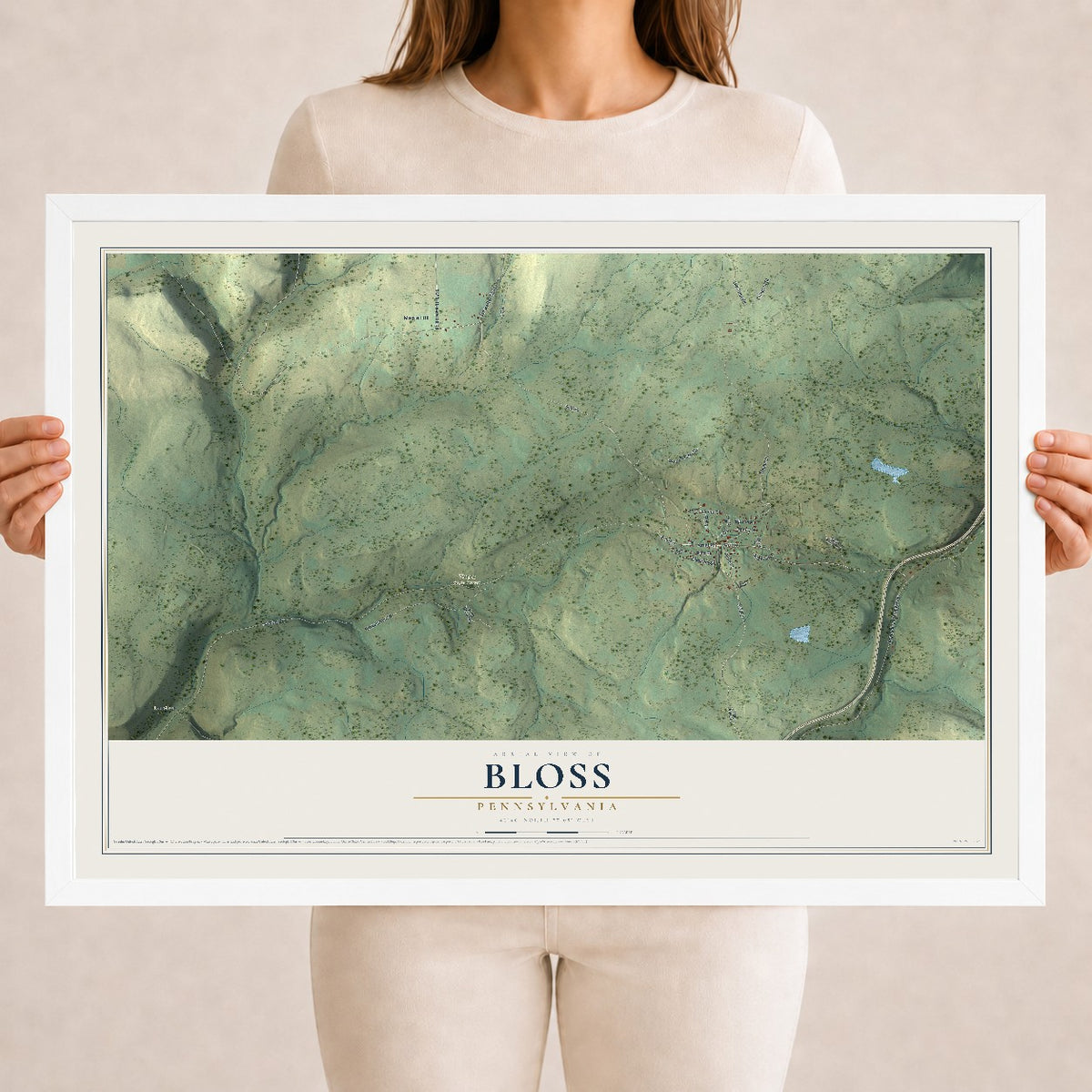 Map of Bloss, Pennsylvania, 18 x 24 inch print in a white wood frame