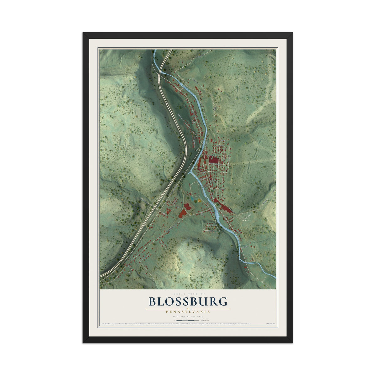 Map of Blossburg, Pennsylvania, 12 x 18 inch print in a black wood frame