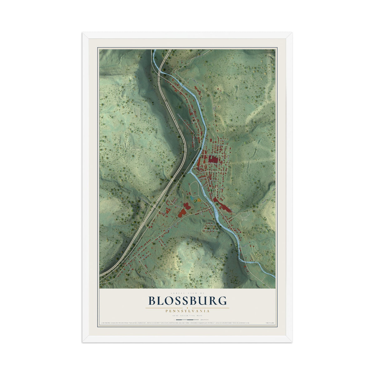 Map of Blossburg, Pennsylvania, 12 x 18 inch print in a white wood frame