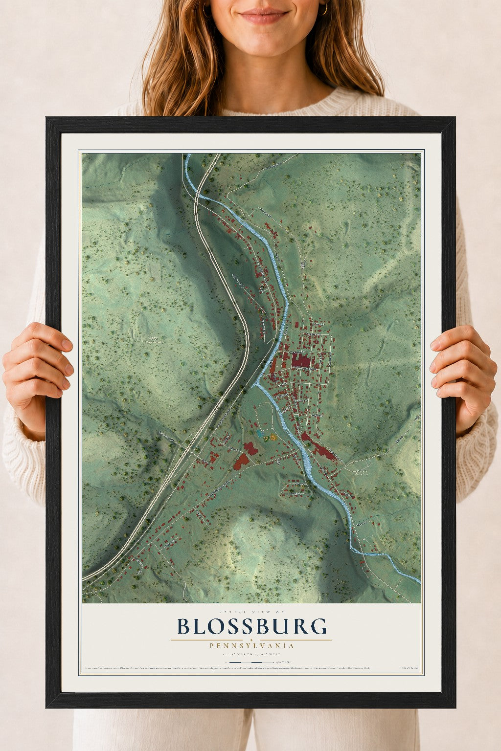 Map of Blossburg, Pennsylvania, 18 x 24 inch print in a black wood frame