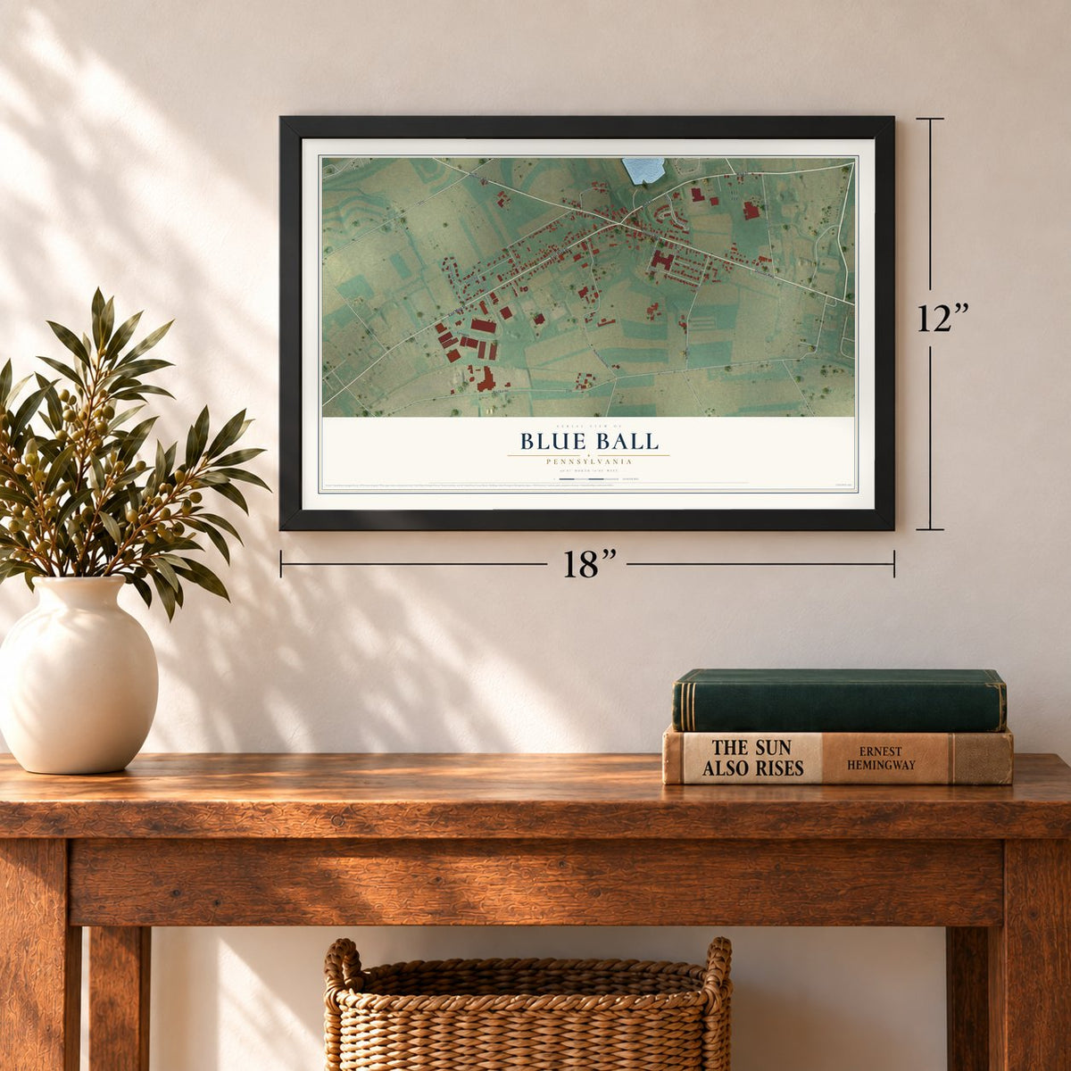Blue Ball, Pennsylvania map, 12 x 18 inch print in a black frame in an entryway