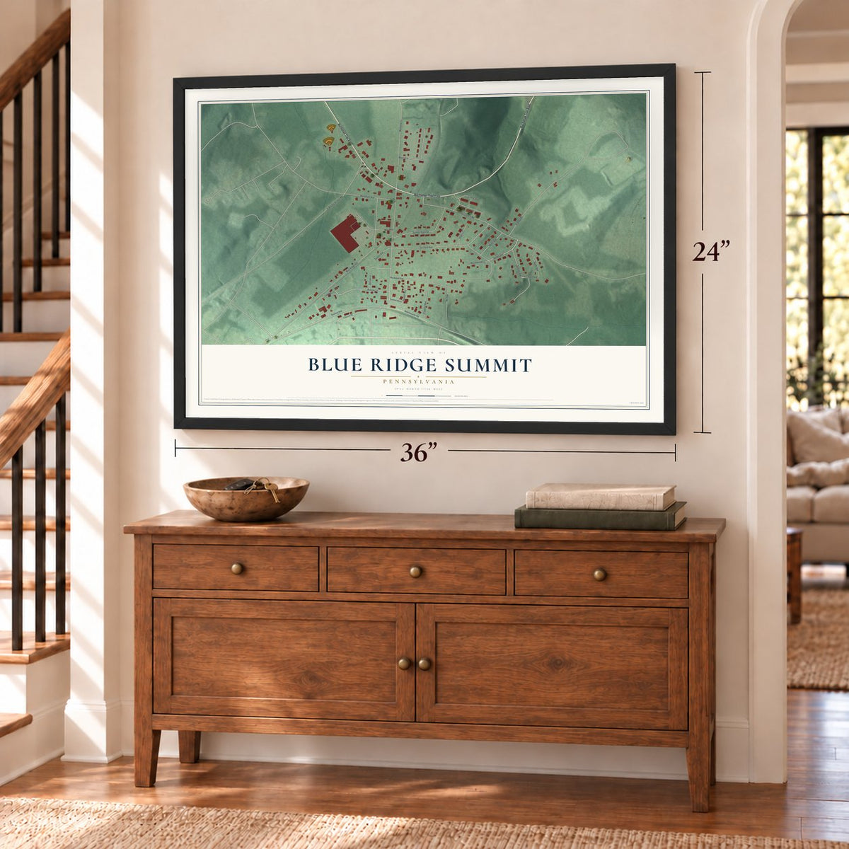 Blue Ridge Summit, Pennsylvania map, 24 x 36 inch print in a black frame above a dresser by a staircase