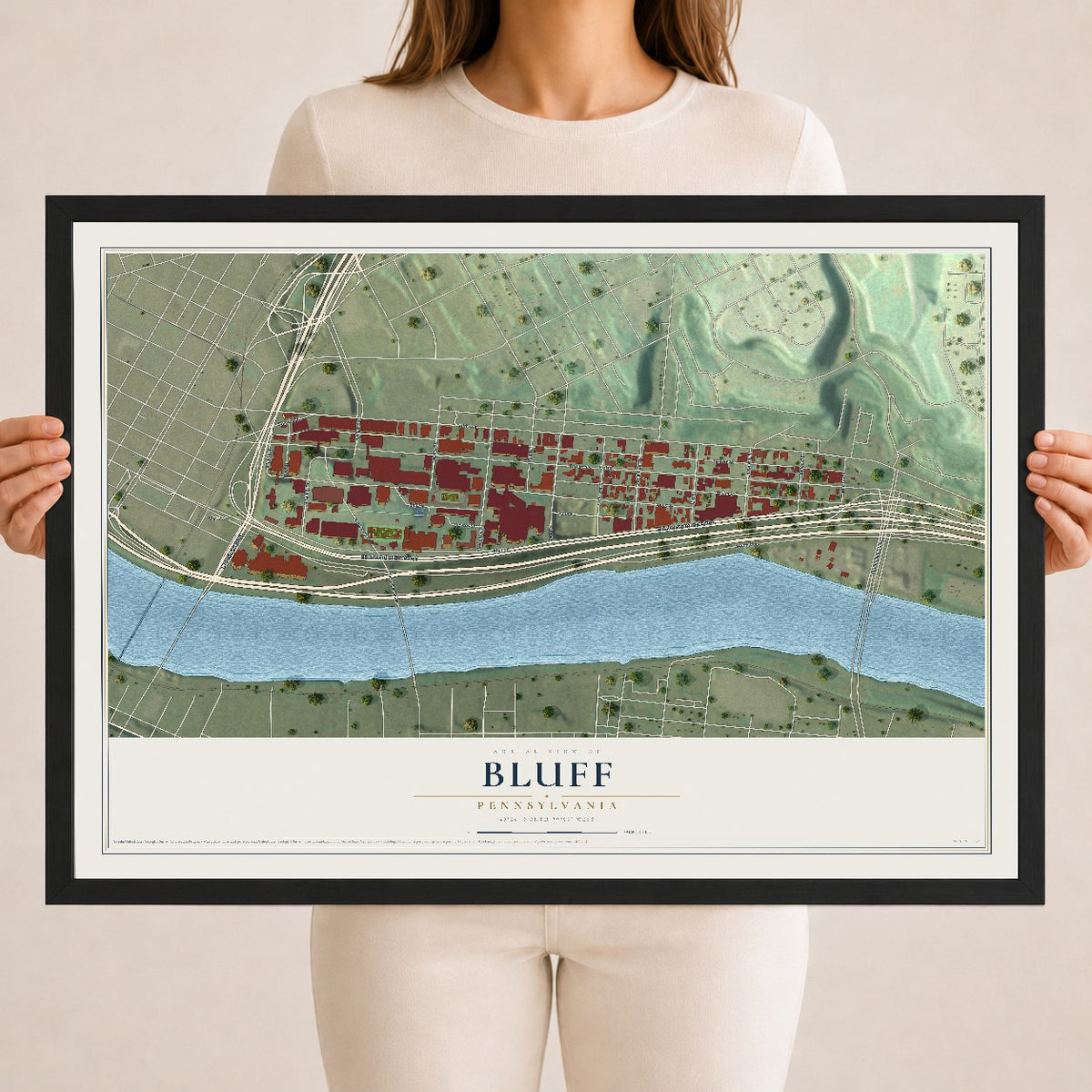 Map of Bluff, Pennsylvania, 18 x 24 inch print in a black wood frame