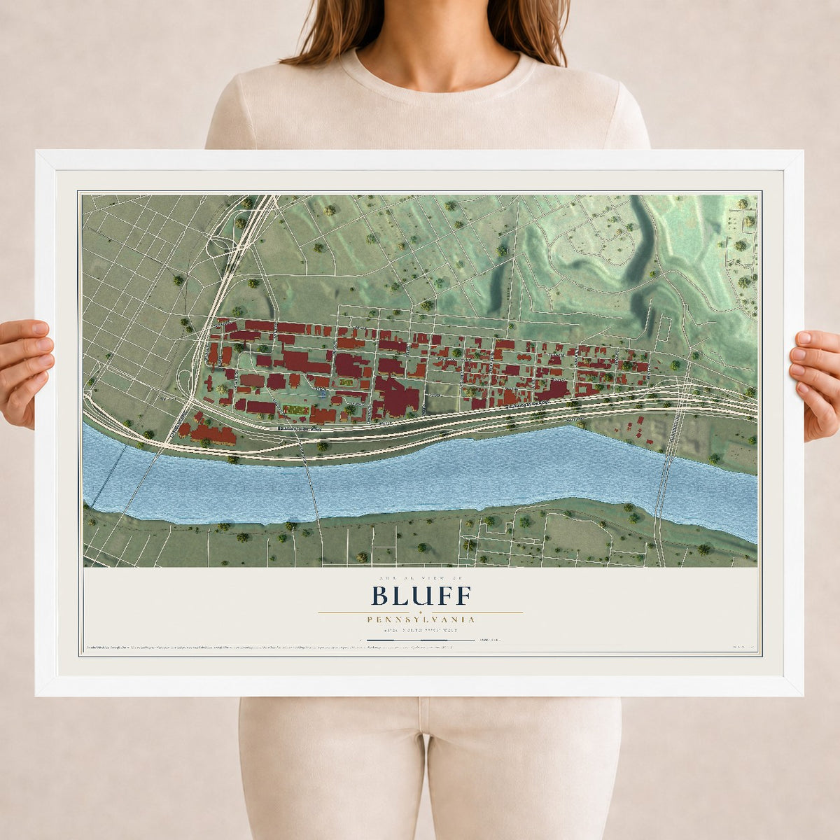 Map of Bluff, Pennsylvania, 18 x 24 inch print in a white wood frame