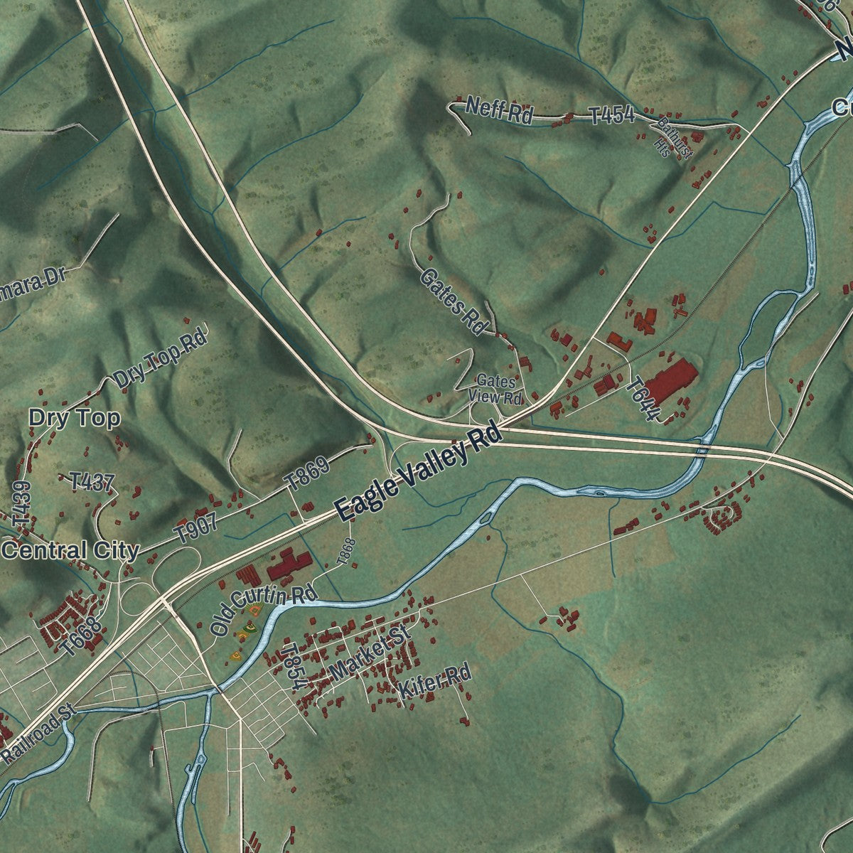 Close-up of the map of Boggs, Centre County, Pennsylvania print showing street and building detail