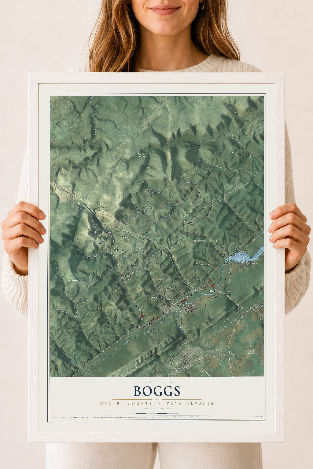 Map of Boggs, Centre County, Pennsylvania, 18 x 24 inch print in a white wood frame