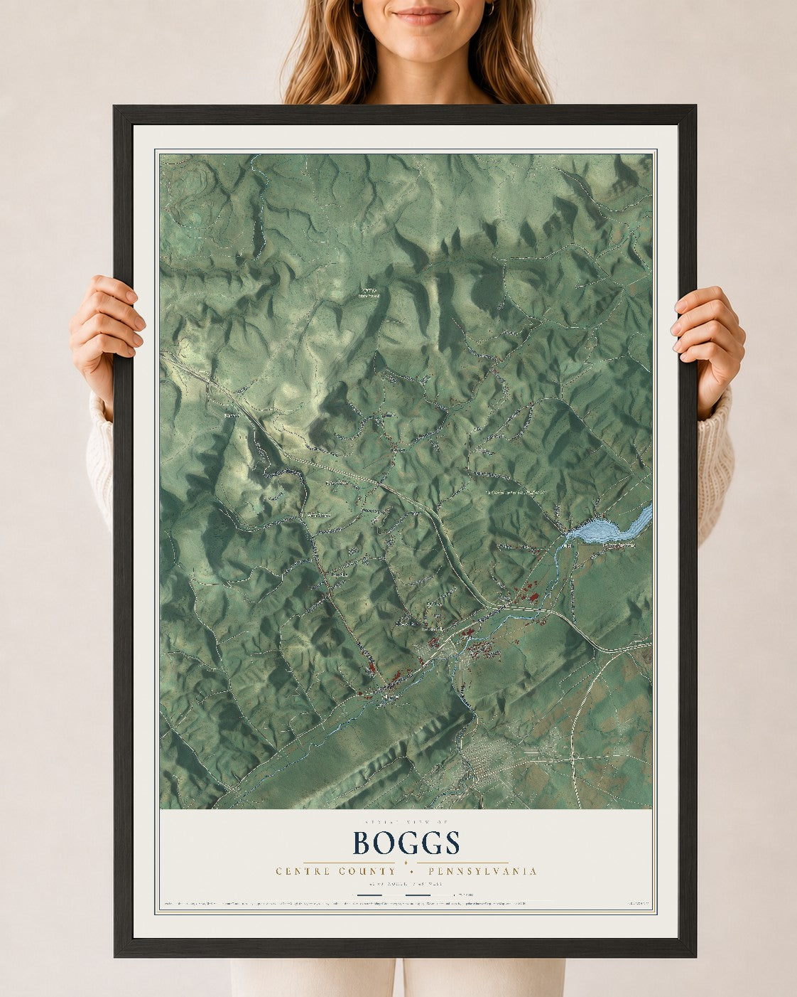 Map of Boggs, Centre County, Pennsylvania, 24 x 36 inch print in a black wood frame