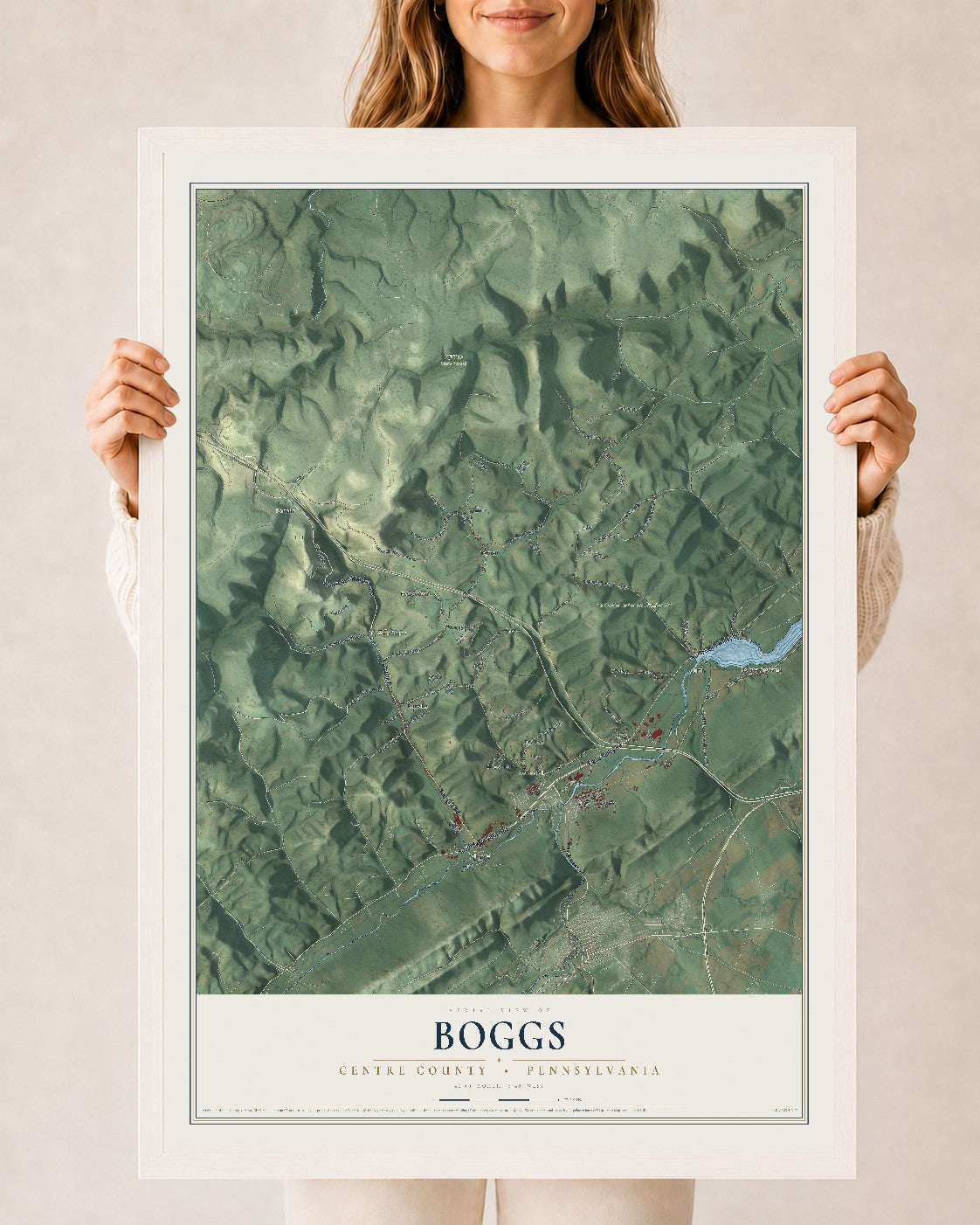 Map of Boggs, Centre County, Pennsylvania, 24 x 36 inch print in a white wood frame
