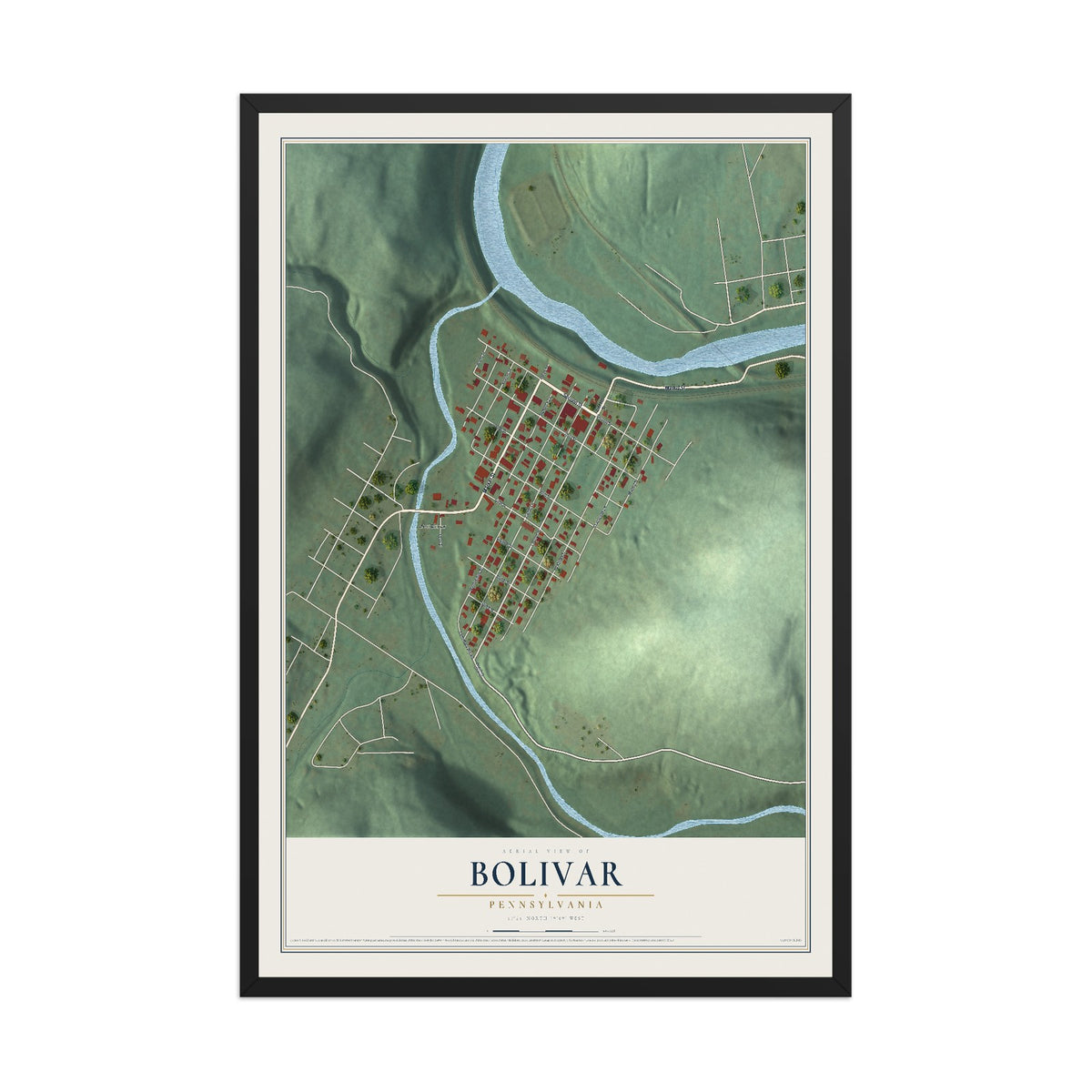 Map of Bolivar, Pennsylvania, 12 x 18 inch print in a black wood frame