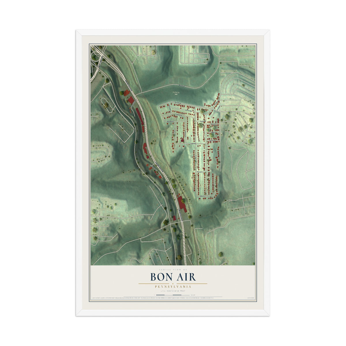 Map of Bon Air, Pennsylvania, 12 x 18 inch print in a white wood frame