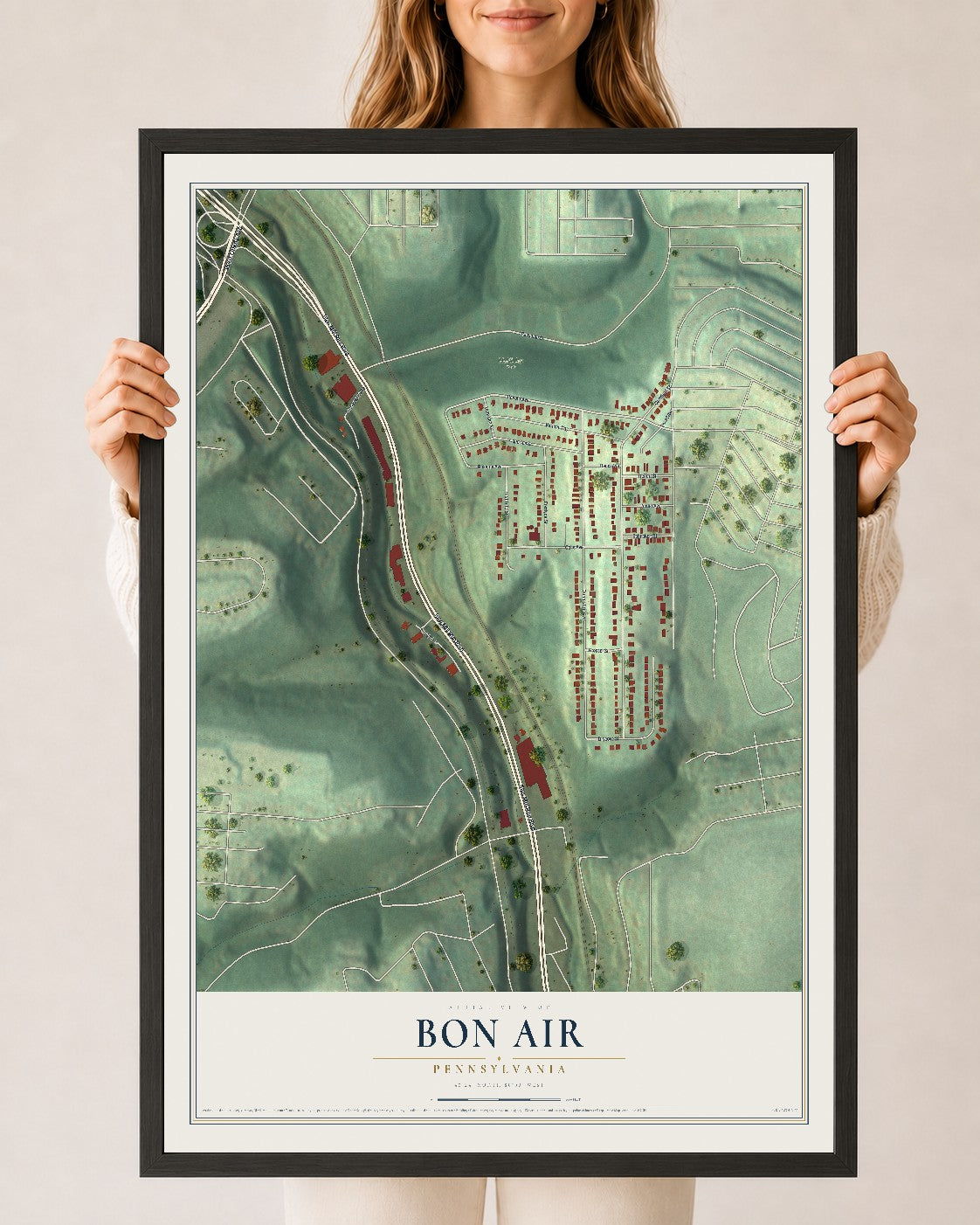 Map of Bon Air, Pennsylvania, 24 x 36 inch print in a black wood frame