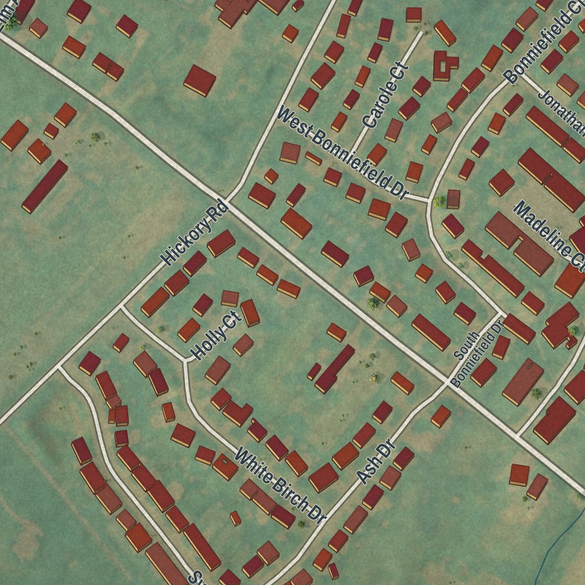 Close-up of the map of Bonneauville, Pennsylvania print showing street and building detail