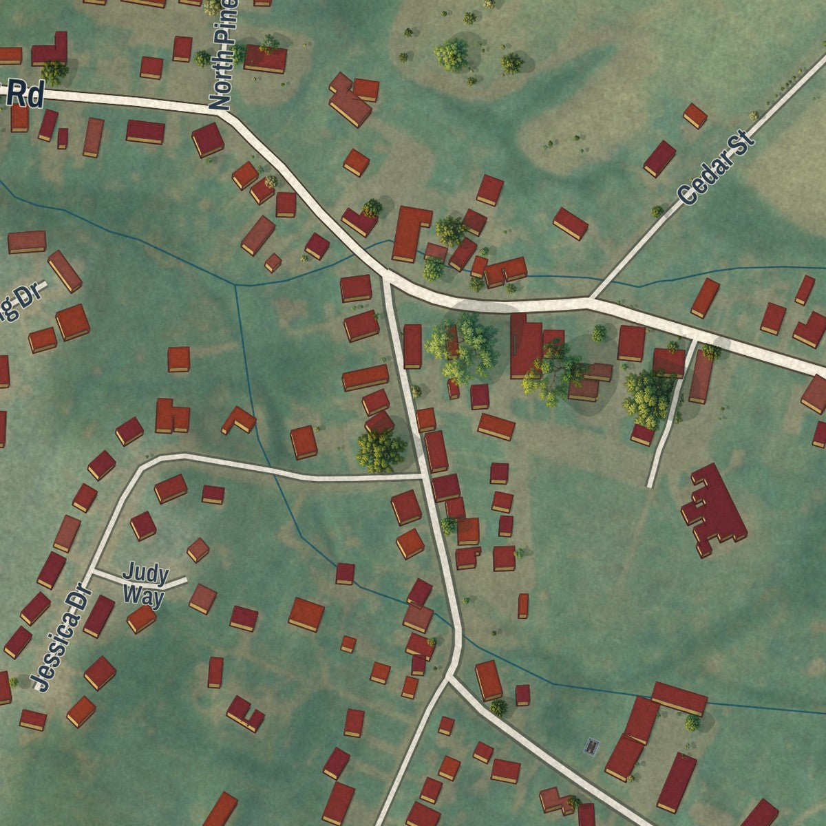 Second close-up of the map of Bonneauville, Pennsylvania print showing more streets and buildings