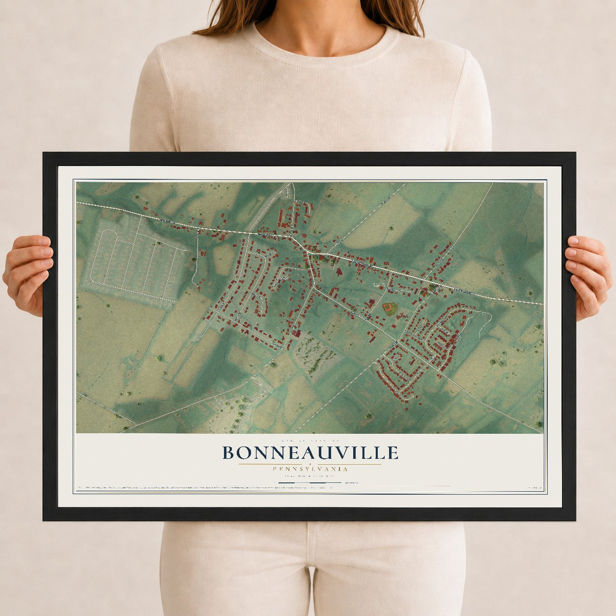 Map of Bonneauville, Pennsylvania, 12 x 18 inch print in a black wood frame