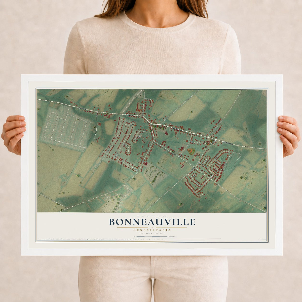 Map of Bonneauville, Pennsylvania, 12 x 18 inch print in a white wood frame